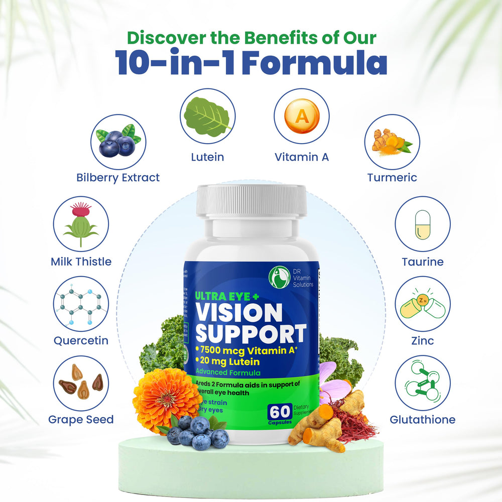 DR VITAMIN SOLUTIONS Bottle label shows bilberry, lutein, and vitamin A.