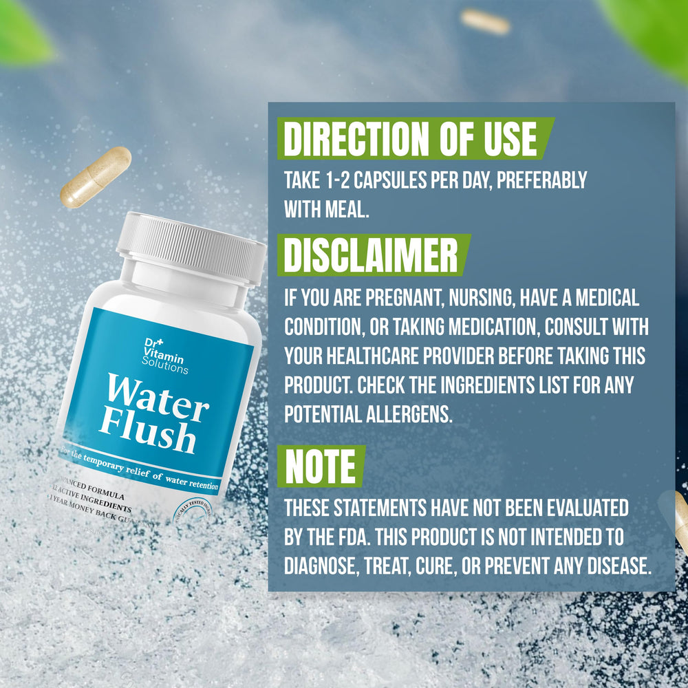 DR VITAMIN SOLUTIONS diuretic water pills apple cider vinegar graphic suggests metabolism-friendly options.