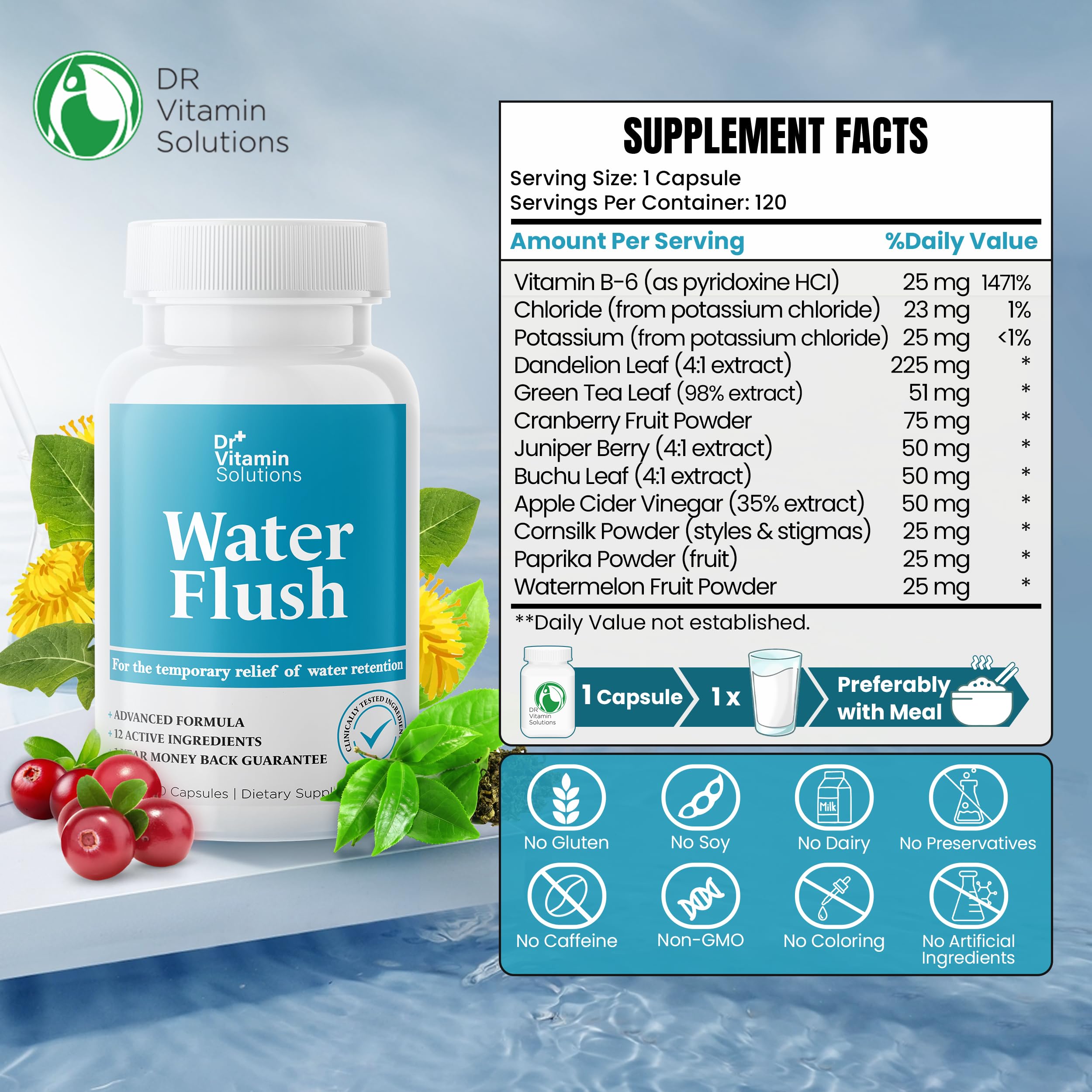DR VITAMIN SOLUTIONS diuretic water pills bottle front highlights clean ingredients.