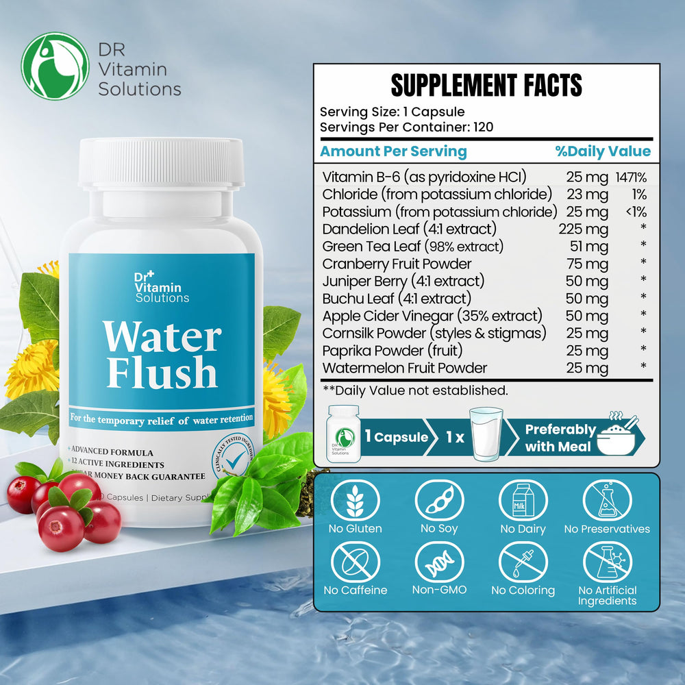 DR VITAMIN SOLUTIONS diuretic water pills bottle front highlights clean ingredients.