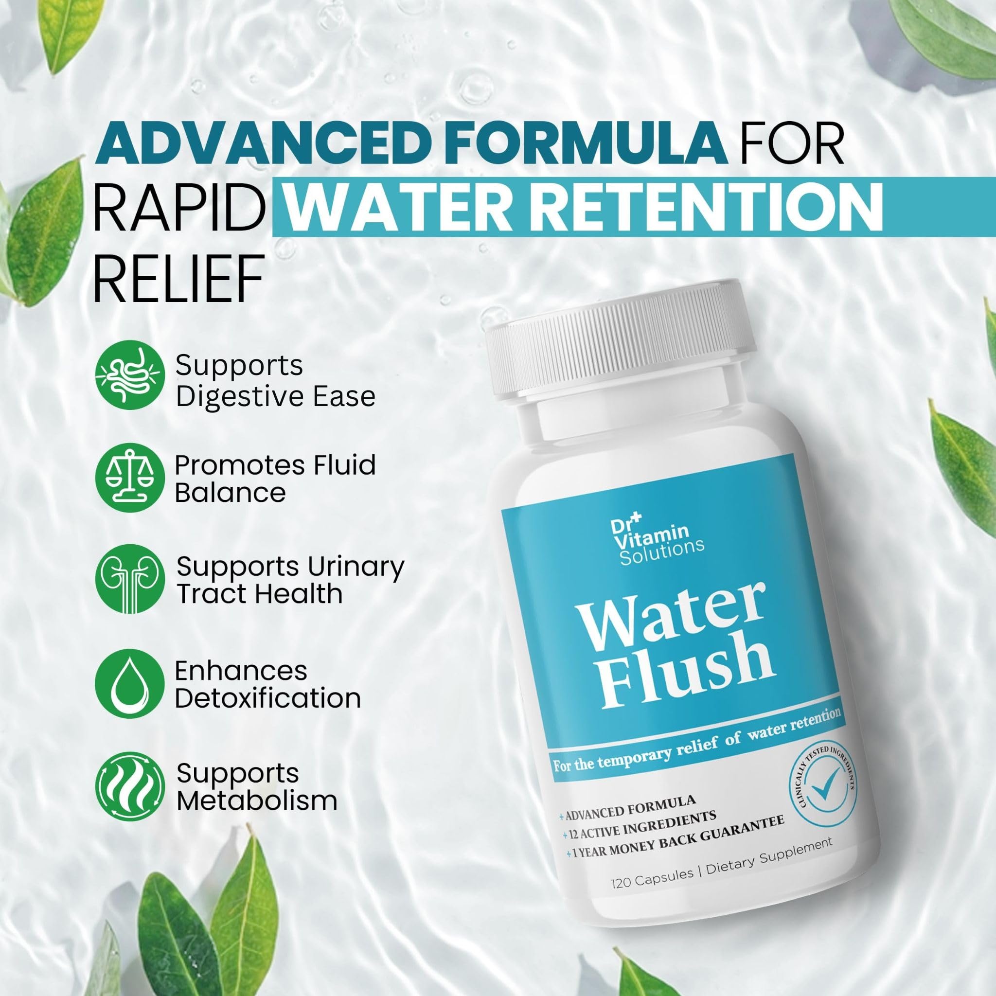 DR VITAMIN SOLUTIONS diuretic water pills capsules in hand suggest portability for daily use.