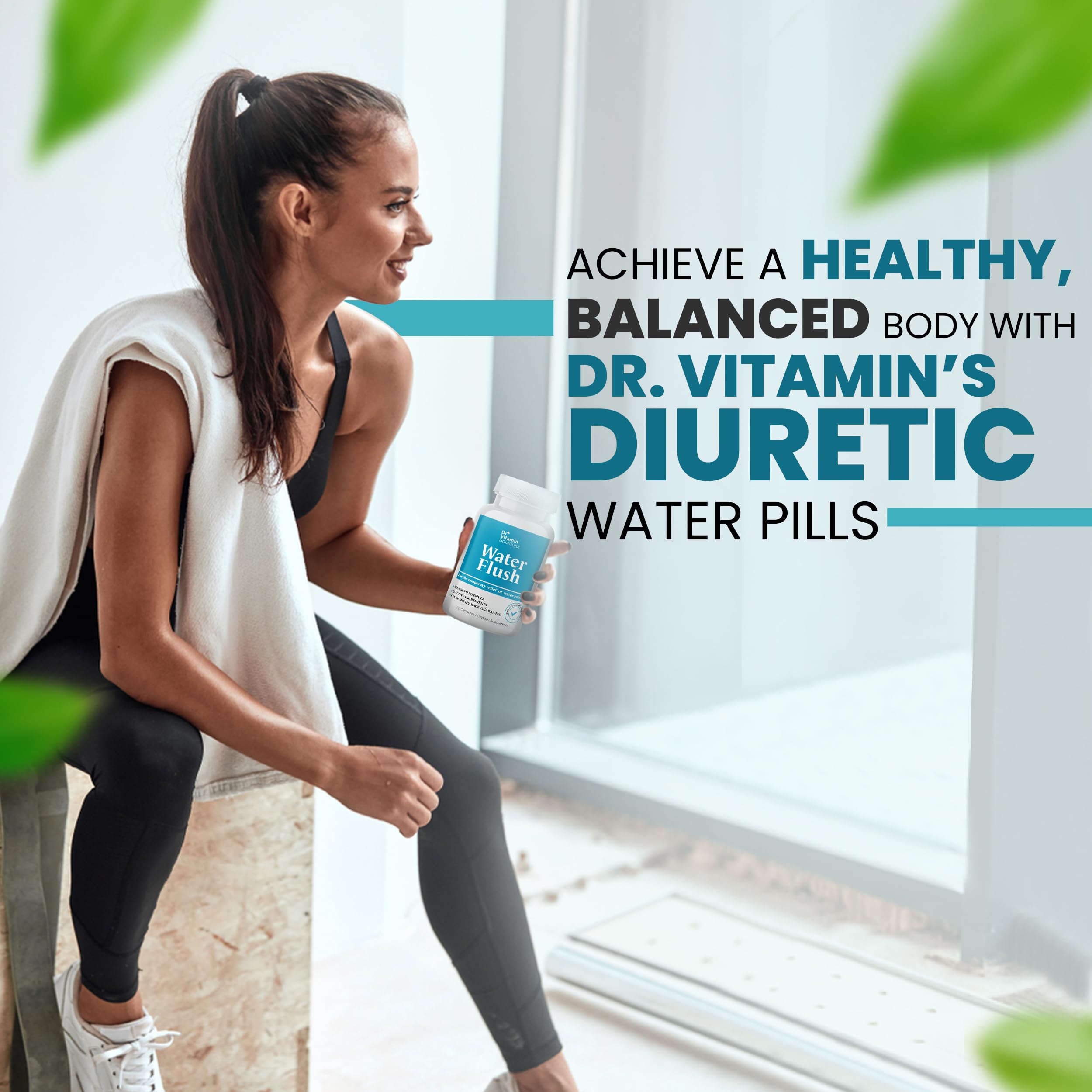 DR VITAMIN SOLUTIONS diuretic water pills dandelion leaf image emphasizes plant-based hydration help.
