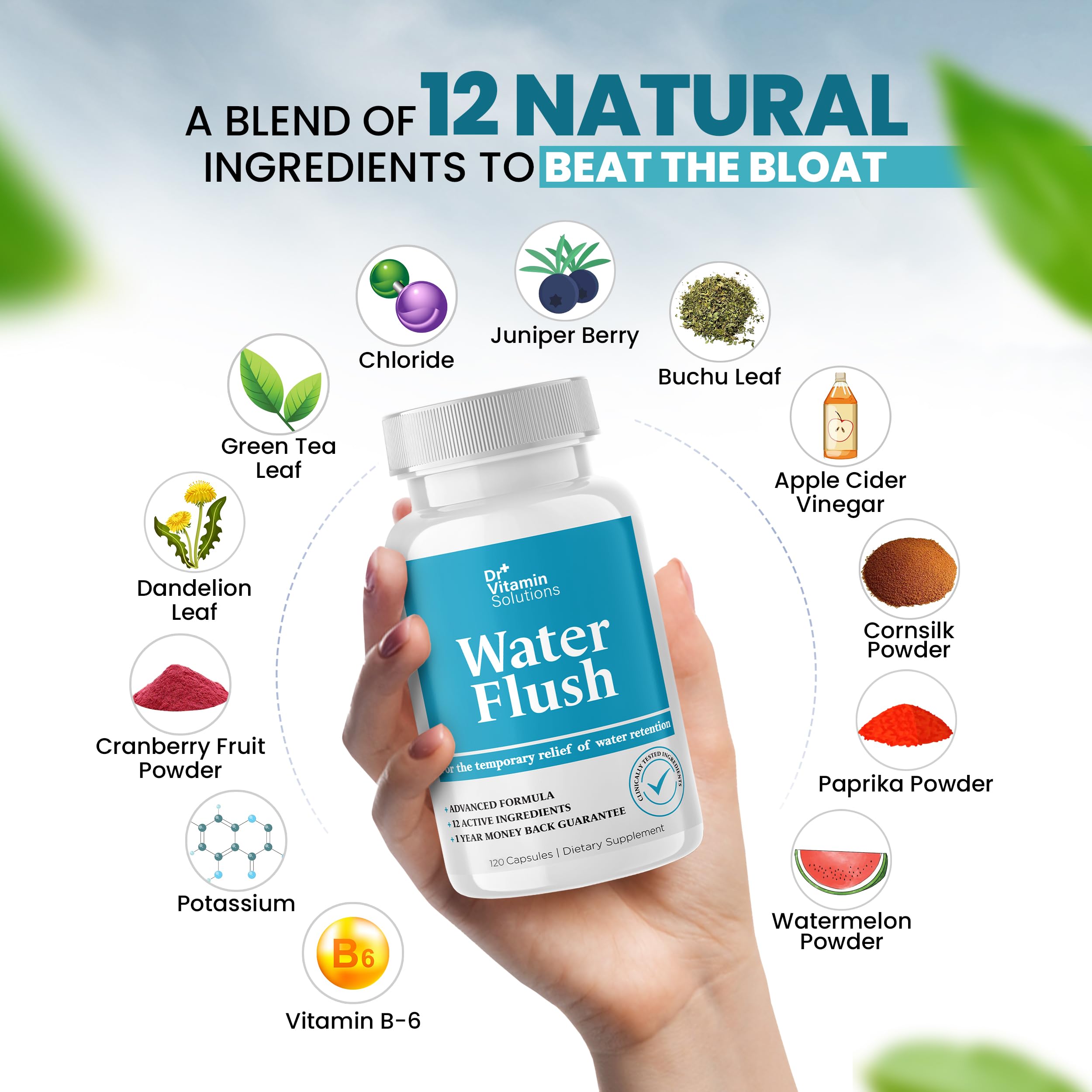 DR VITAMIN SOLUTIONS diuretic water pills green tea label hints metabolism-supporting blend.
