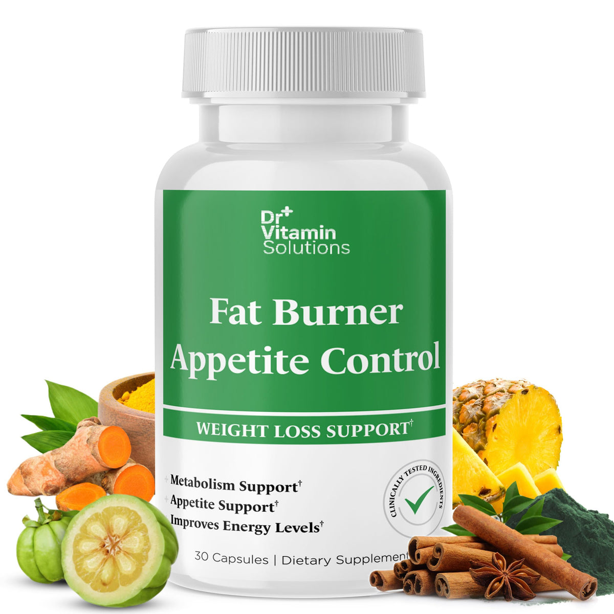 Dr Vitamin Solutions fat burner bottle front view supports daily metabolism.