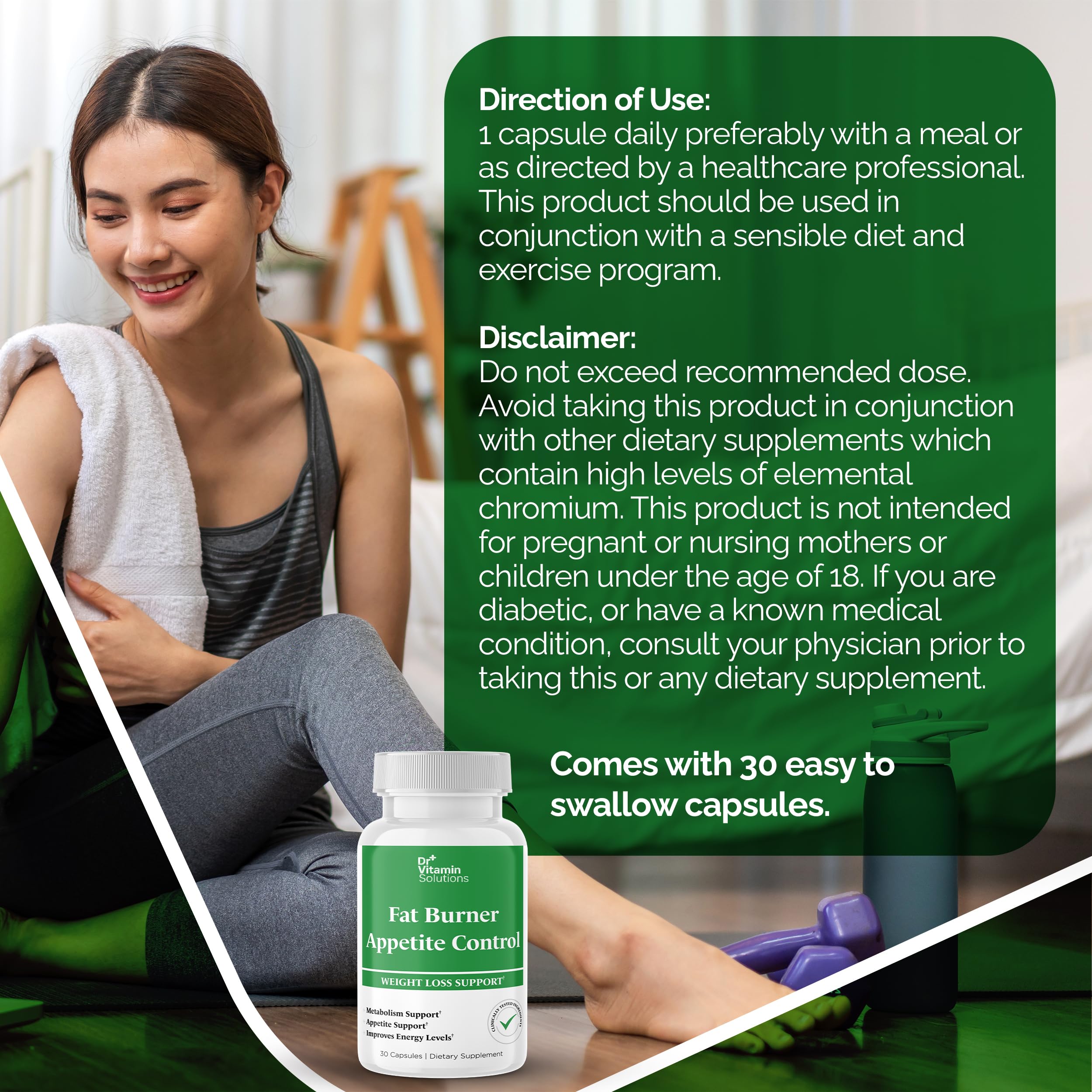 Dr Vitamin Solutions fat burner bottle on table ready for daily use.
