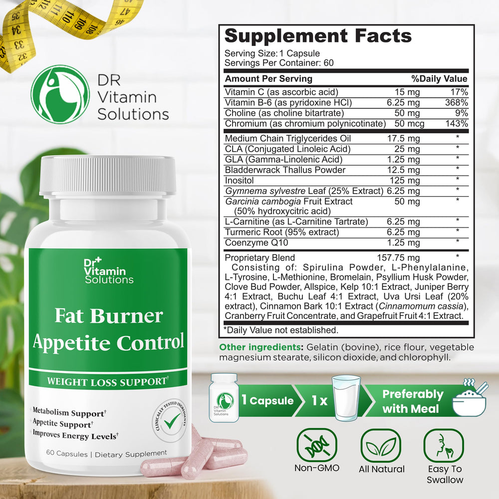 DR VITAMIN SOLUTIONS fat burner bottle pour illustrating easy daily dosing