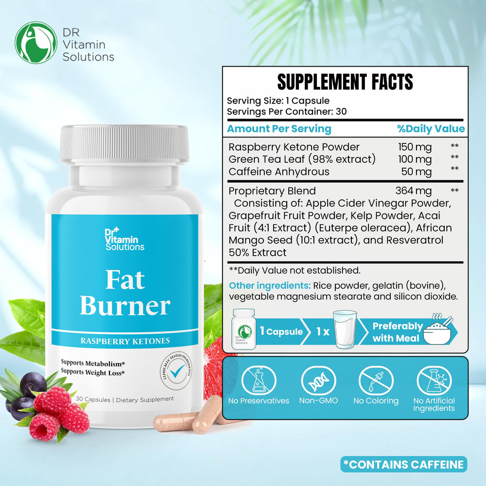 DR VITAMIN SOLUTIONS fat burner capsules on spoon for convenient daily dosage.
