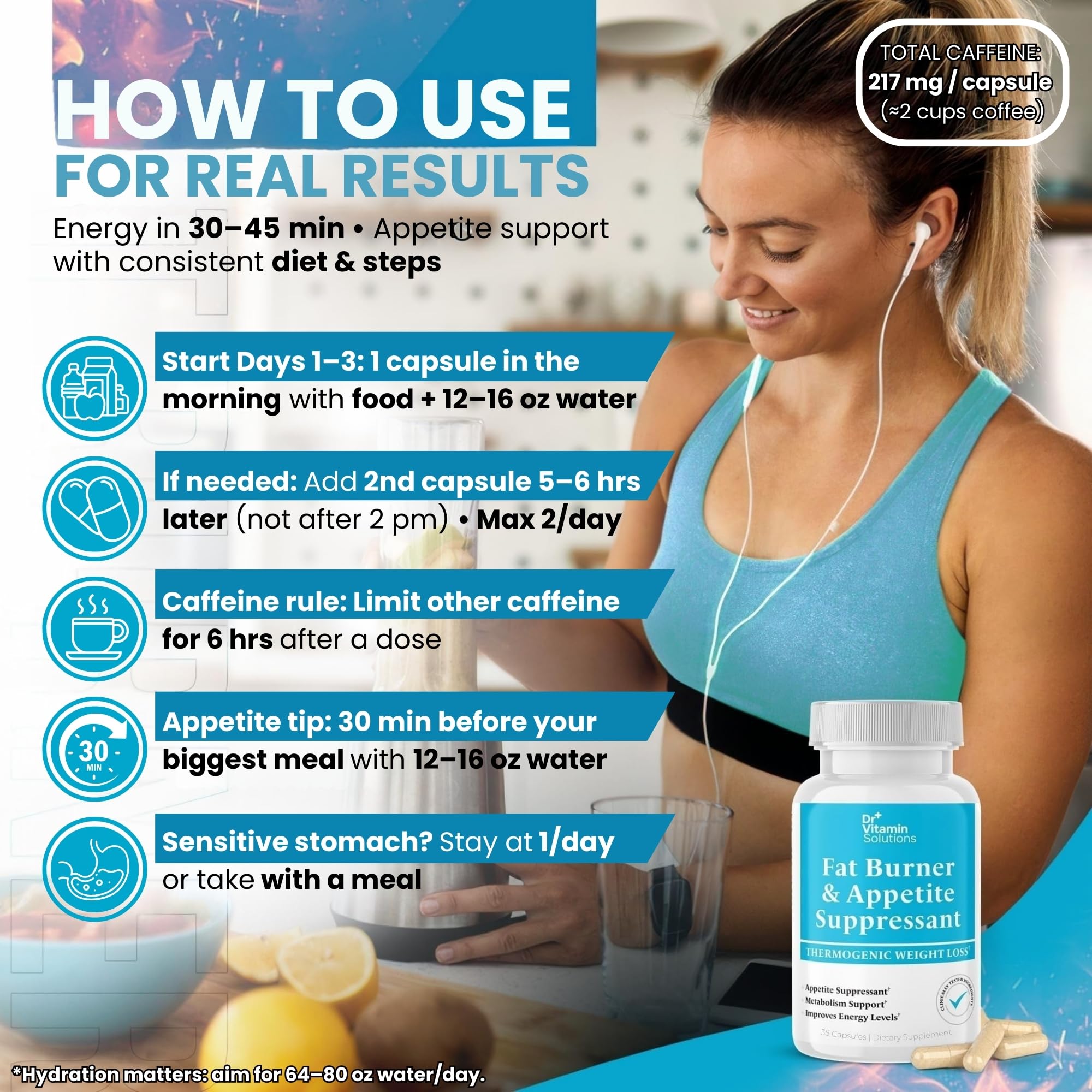 DR VITAMIN SOLUTIONS fat burner energy during an active workout scene.
