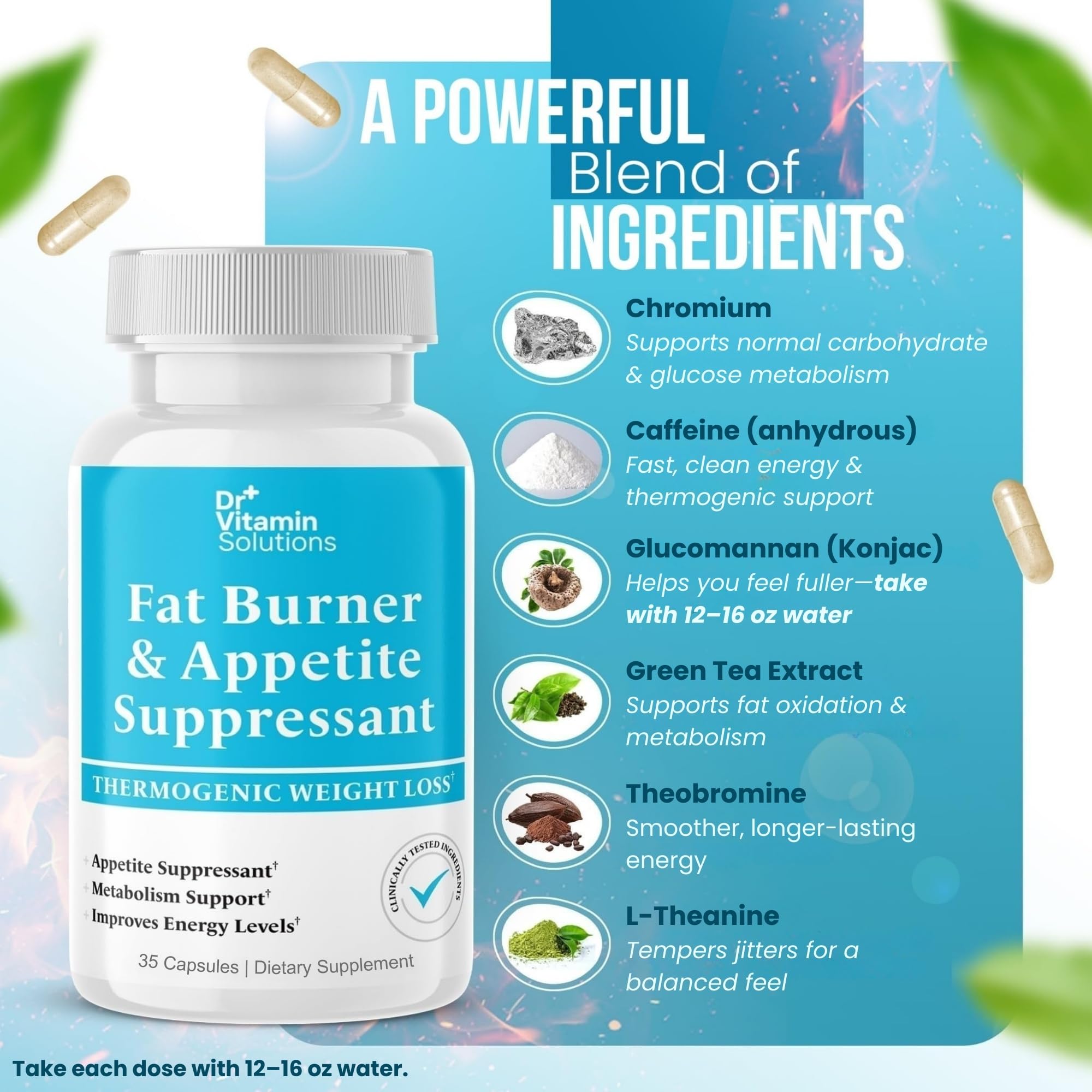 DR VITAMIN SOLUTIONS fat burner ingredients featuring green tea and guarana for energy.