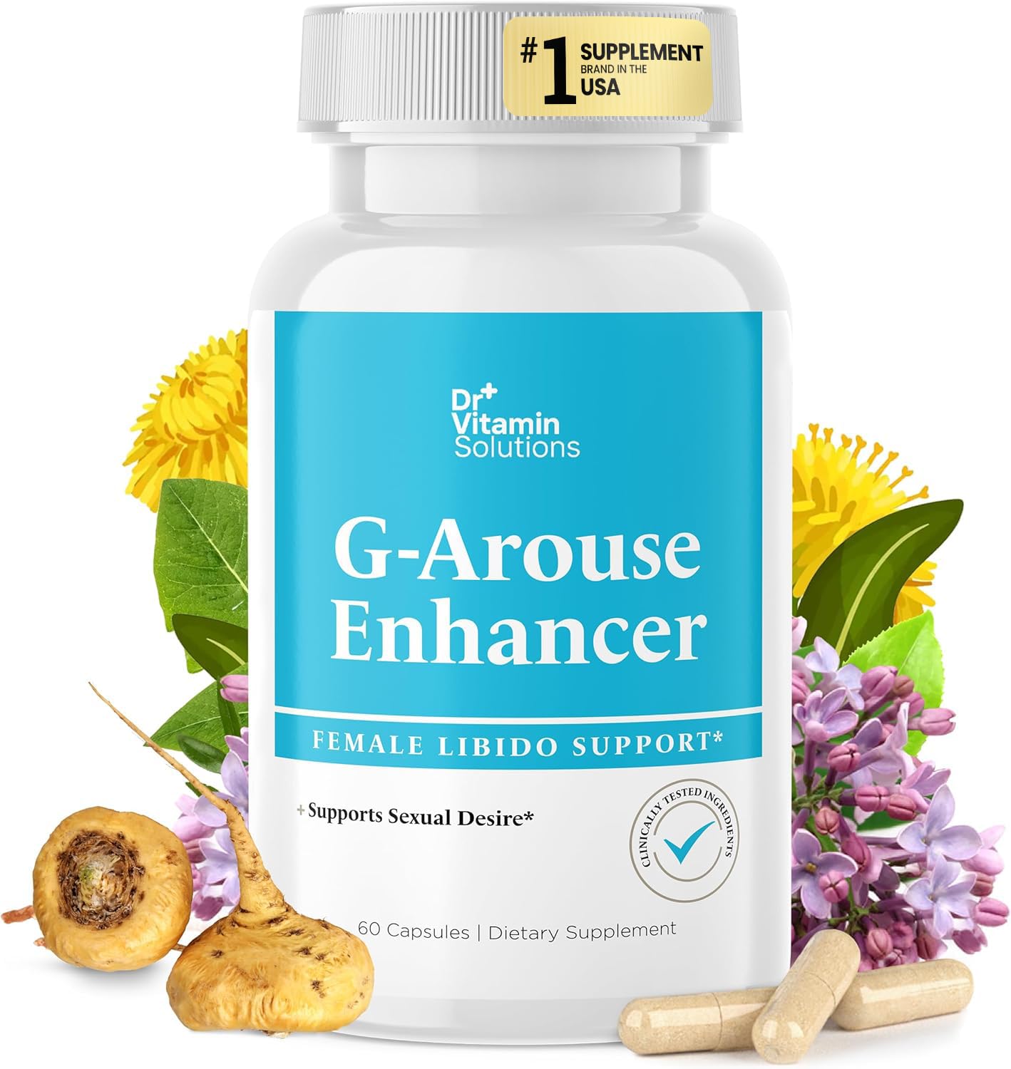 DR VITAMIN SOLUTIONS G-Arouse bottle front view highlighting the female libido enhancer.
