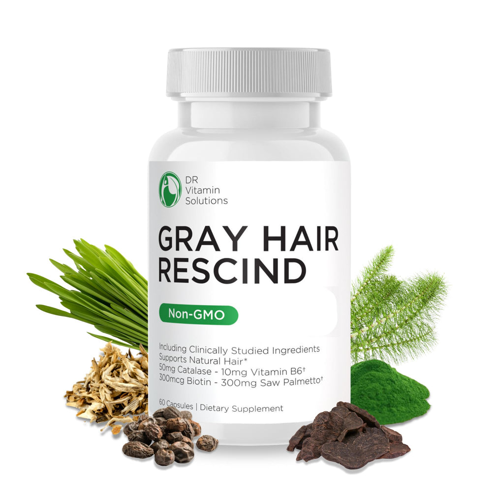 DR VITAMIN SOLUTIONS Gray Hair Rescind bottle on wood for daily hair support