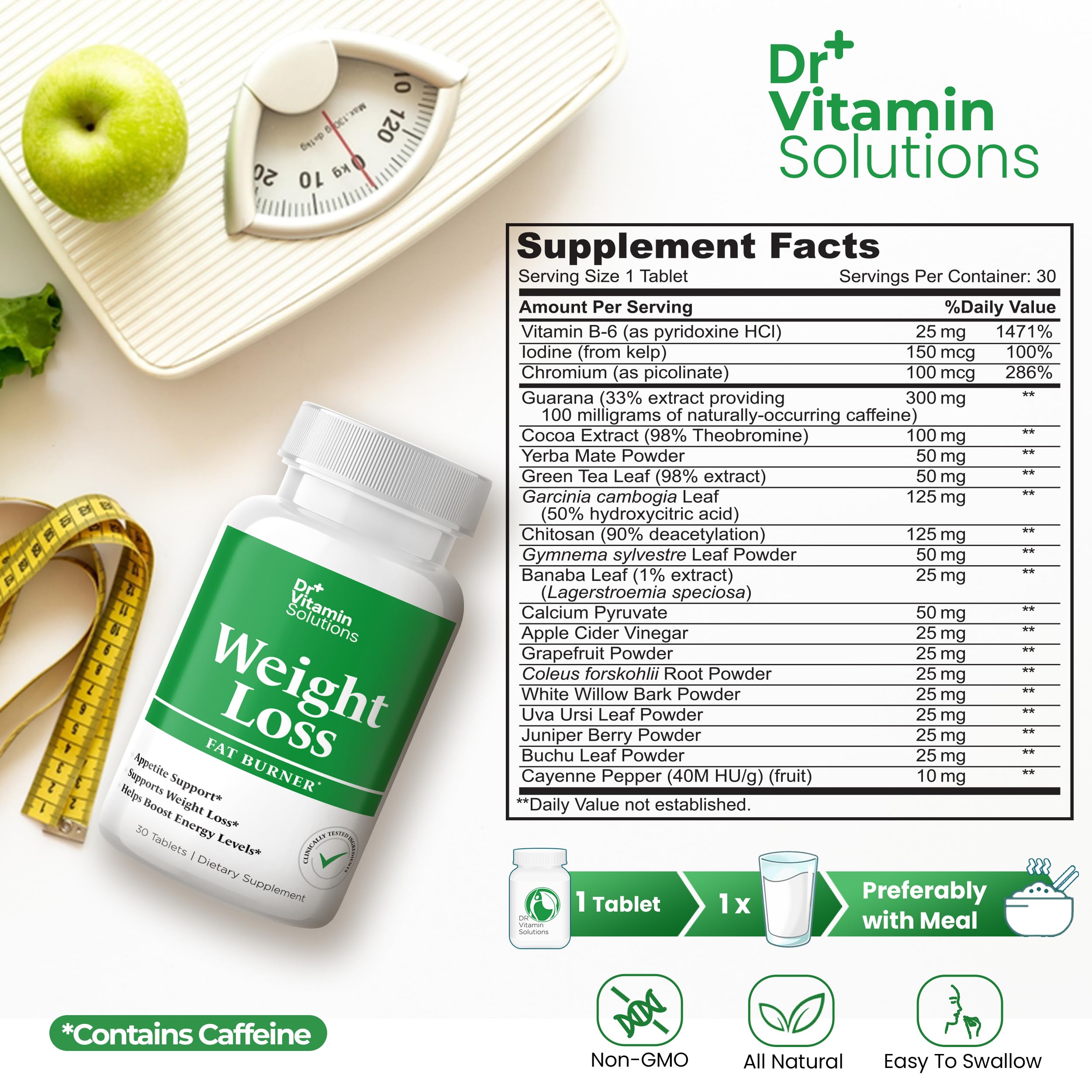 DR VITAMIN SOLUTIONS green tea extract label detail aiding metabolism.