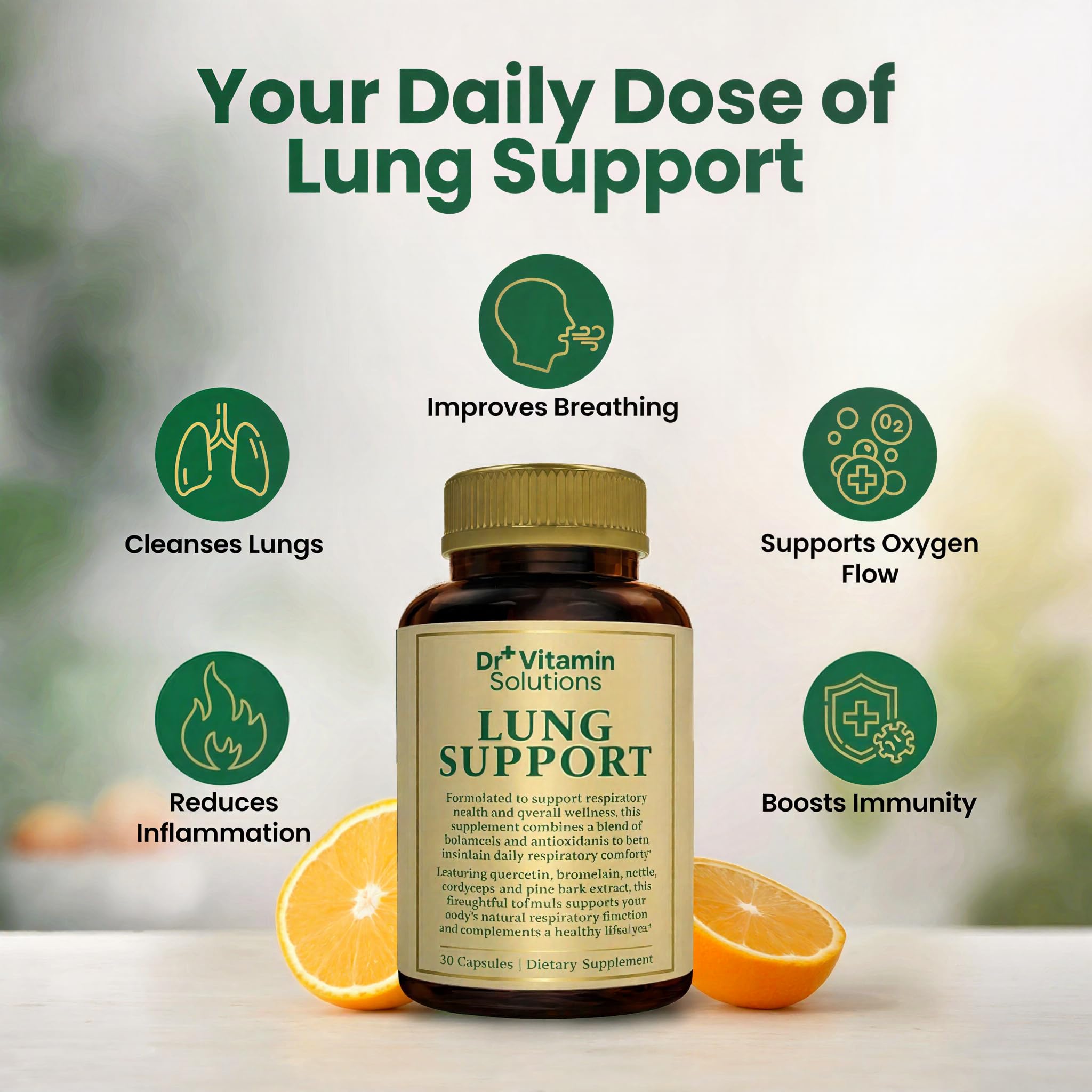 DR VITAMIN SOLUTIONS Lung Detox ingredients label highlighting Vitamin C and Quercetin benefits.