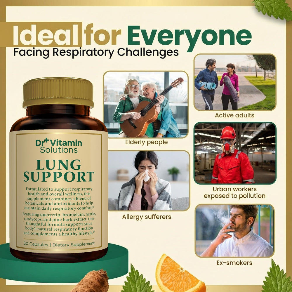 DR VITAMIN SOLUTIONS Lung Detox oxygen-boost visuals featuring Cordyceps for breathing support.