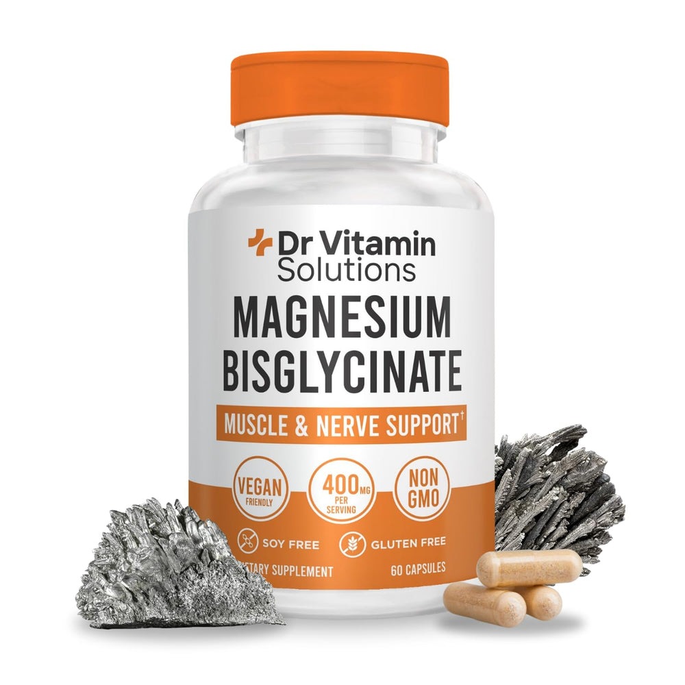 DR VITAMIN SOLUTIONS Magnesium Glycinate bottle shows high-absorption formula for daily support.
