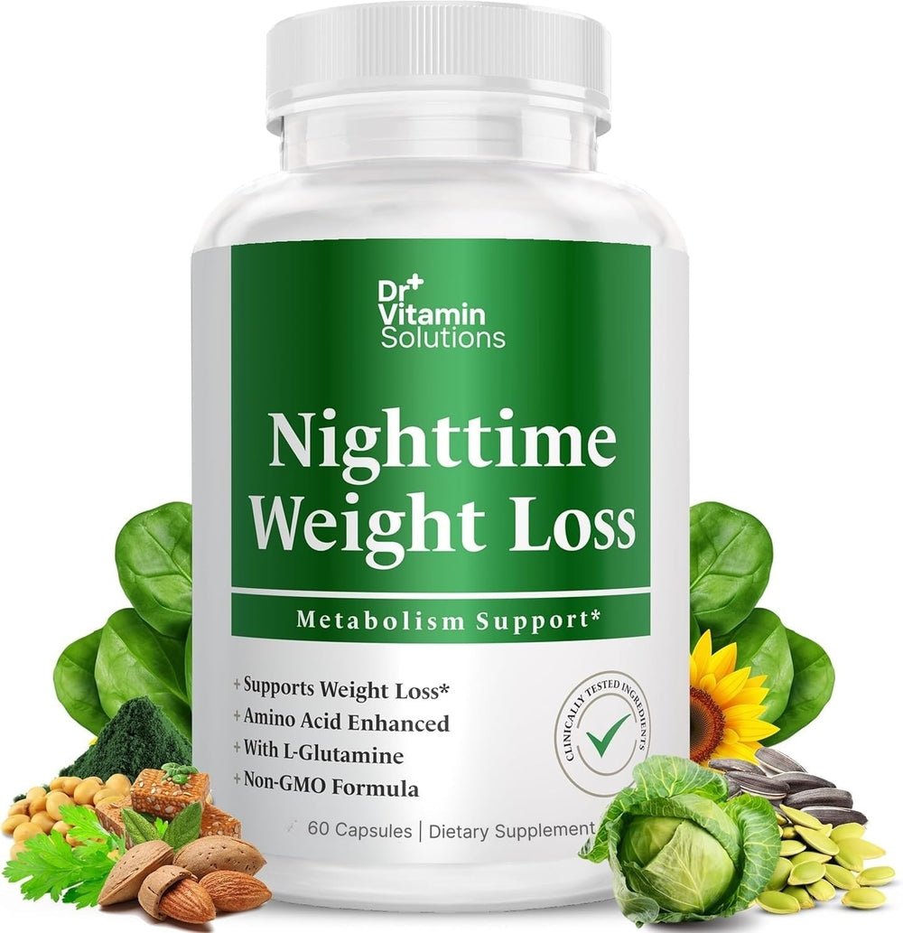 DR VITAMIN SOLUTIONS Nighttime Fat Burner bottle on nightstand supports restful sleep