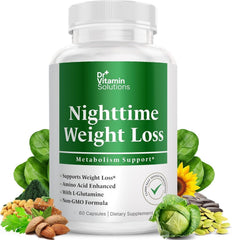 DR VITAMIN SOLUTIONS Nighttime Fat Burner bottle on nightstand supports restful sleep