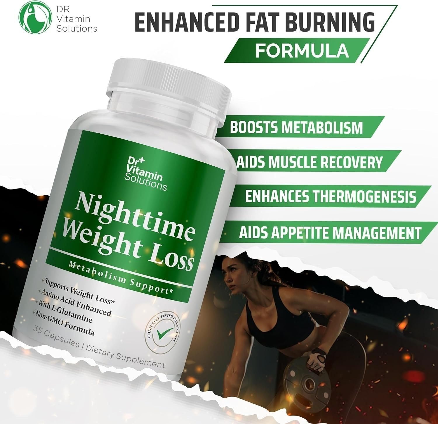 DR VITAMIN SOLUTIONS Nighttime Fat Burner with a healthy eating plan.