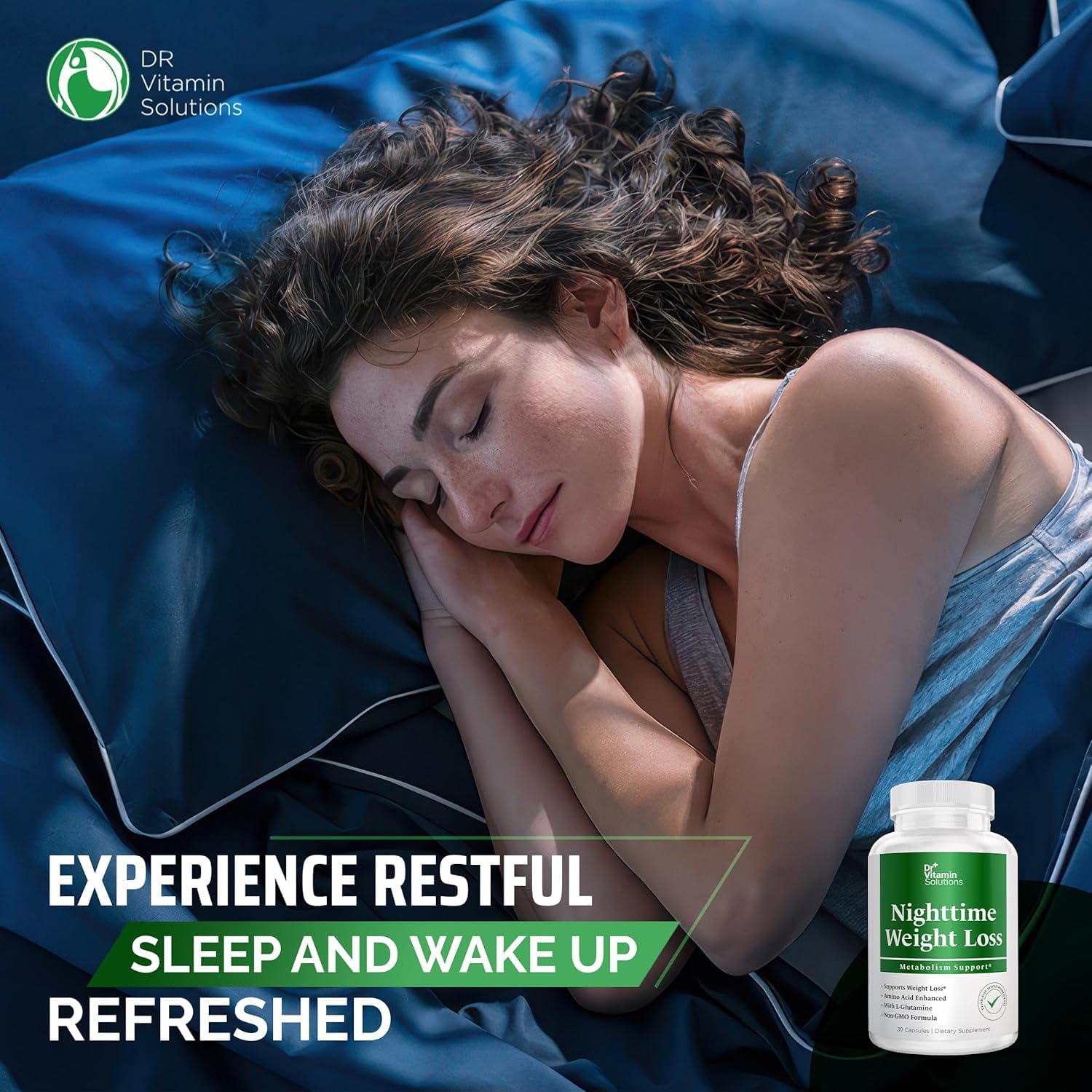 DR VITAMIN SOLUTIONS Nighttime Fat Burner beside a calming sleep setup.