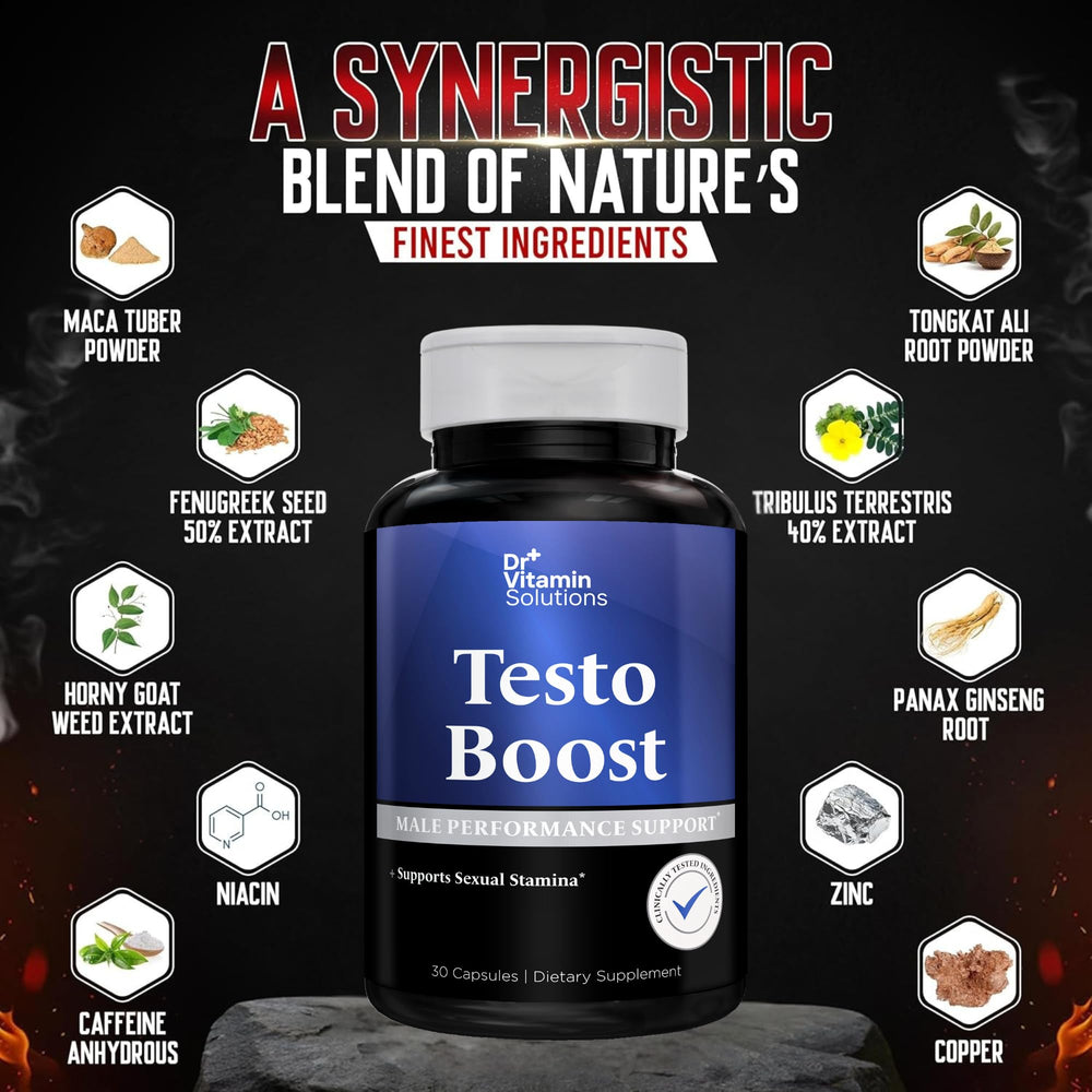 DR VITAMIN SOLUTIONS TestoBoost bottle on a daily routine desk for consistency