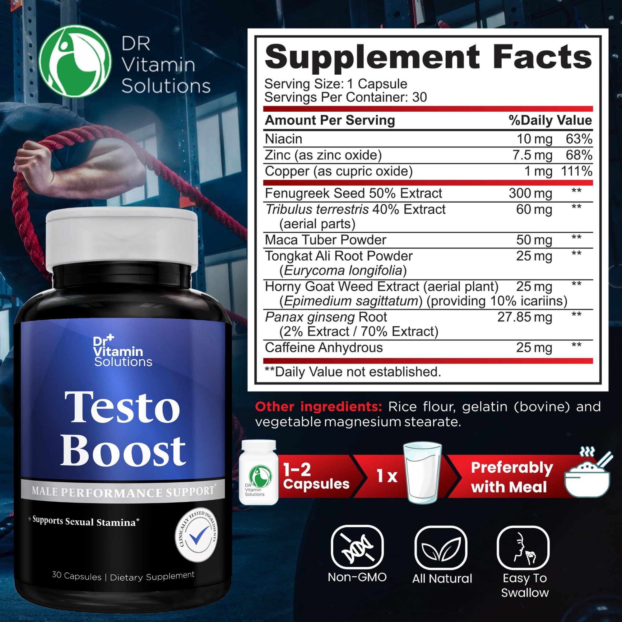 DR VITAMIN SOLUTIONS TestoBoost capsules closeup showing easy-to-swallow form