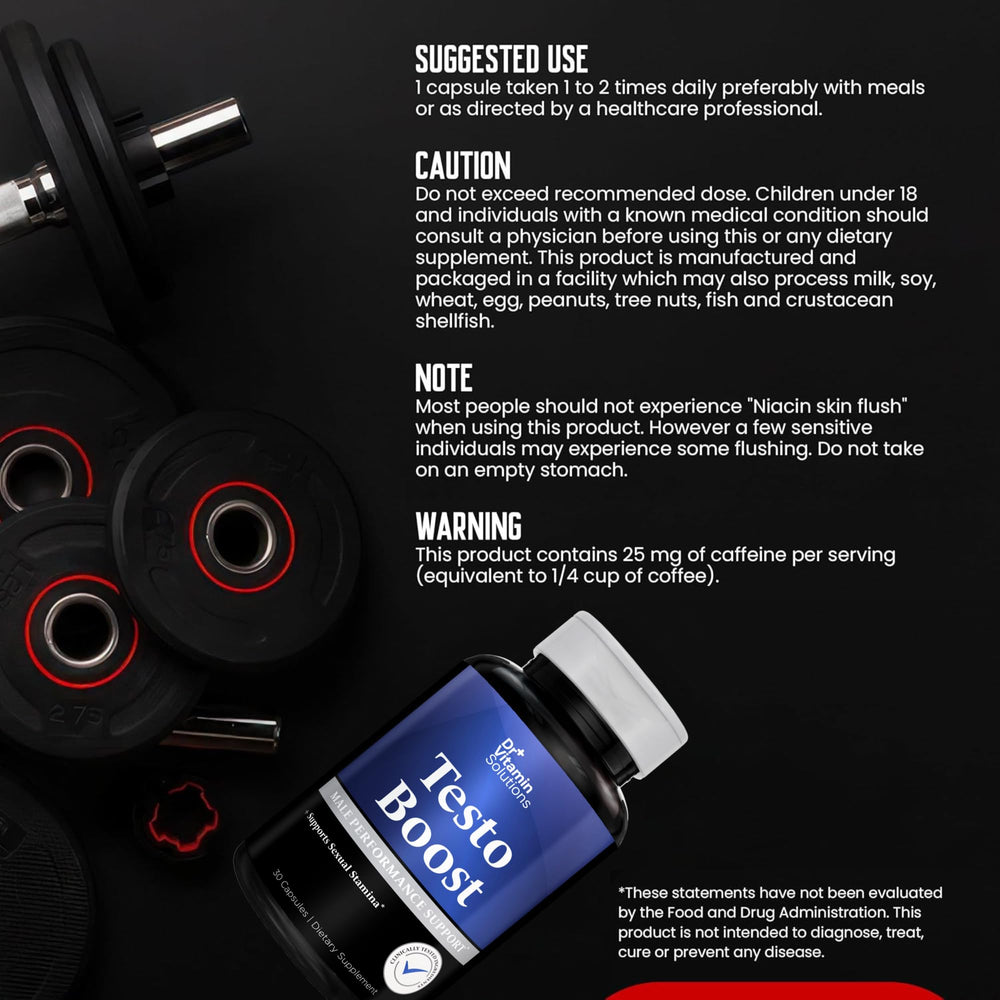 DR VITAMIN SOLUTIONS TestoBoost capsules display emphasizing convenient supplementation