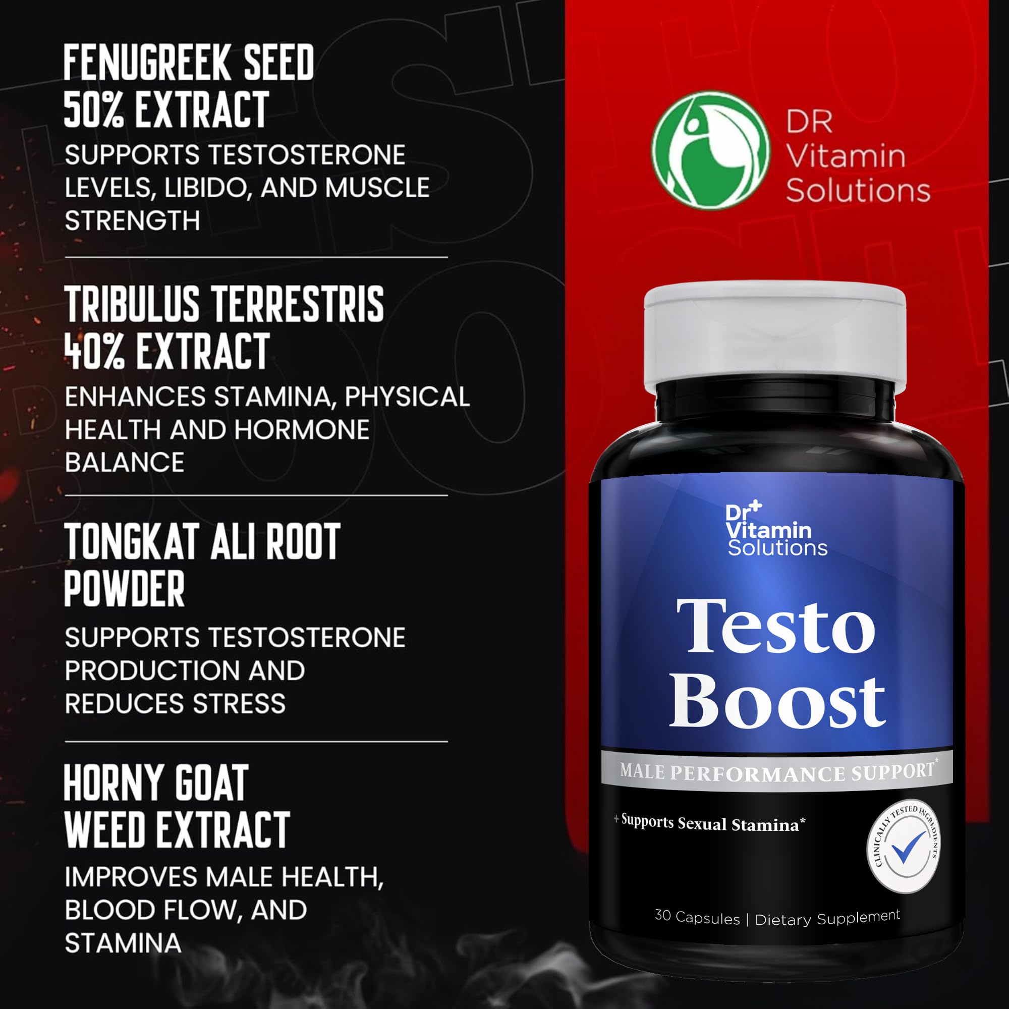 DR VITAMIN SOLUTIONS TestoBoost packaging highlighting quality and cgmp standards