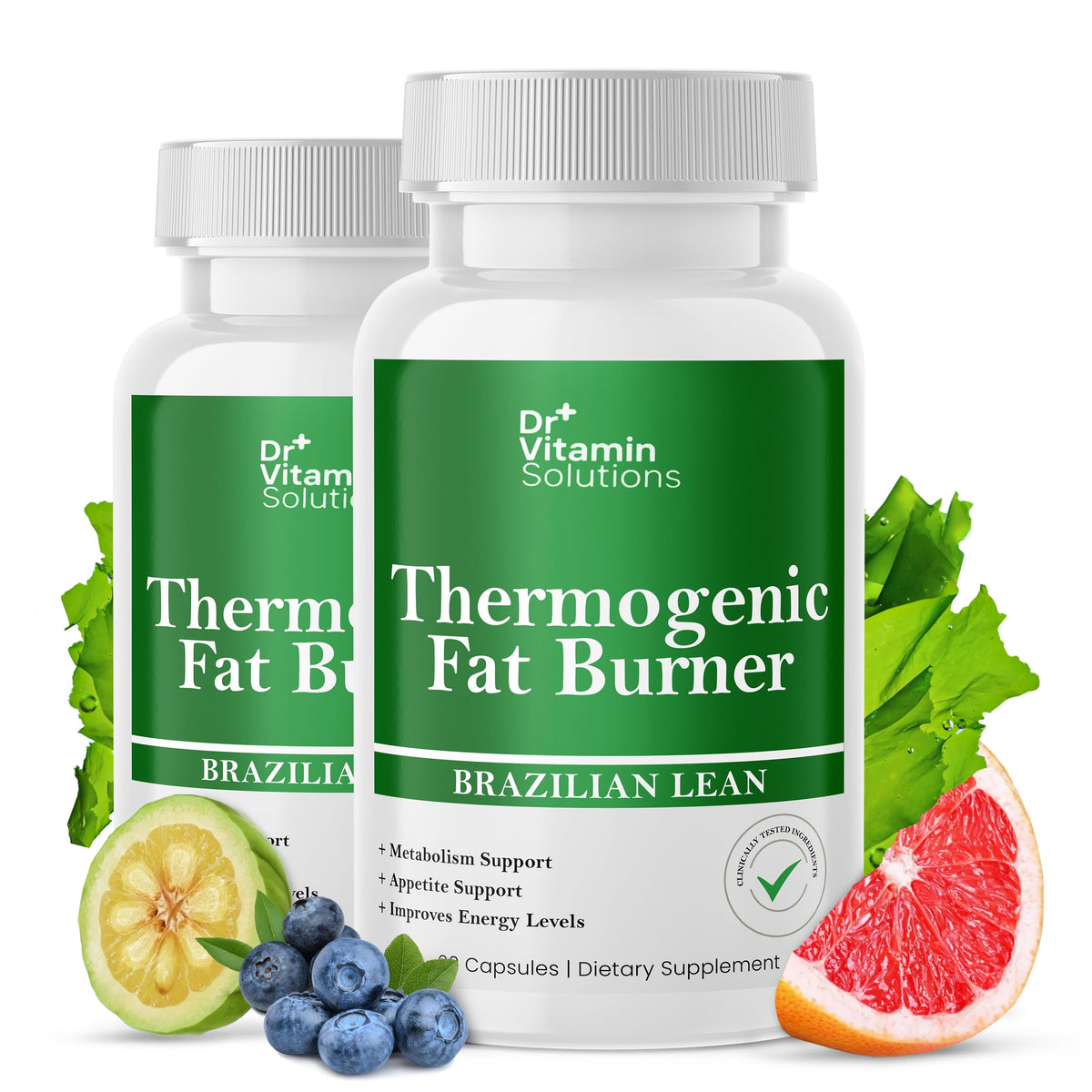 DR VITAMIN SOLUTIONS thermogenic fat burner bottle shows 2-pack convenience for daily use.