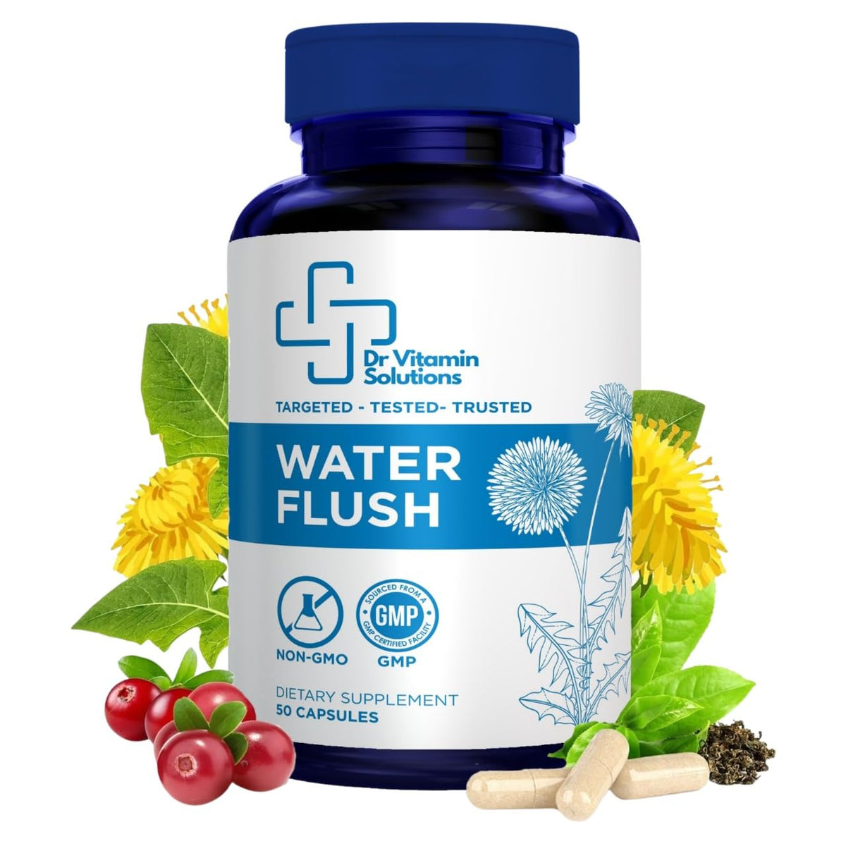 DR VITAMIN SOLUTIONS Water Flush bottle front promoting gentle water balance after meals.