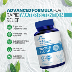 Close-up of Water Flush capsules showing stimulant-free diuretic formula.
