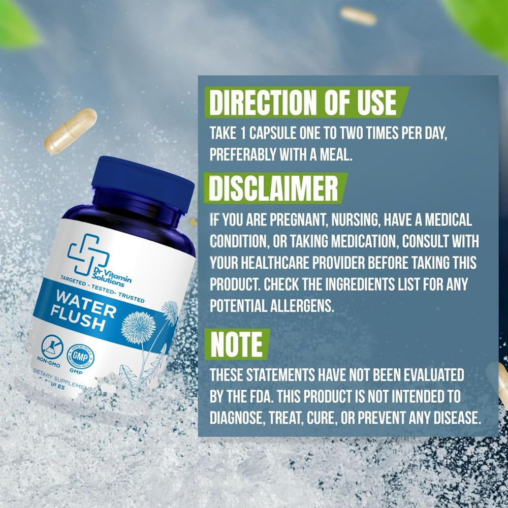 Capsules being poured from Water Flush bottle for easy swallowing.