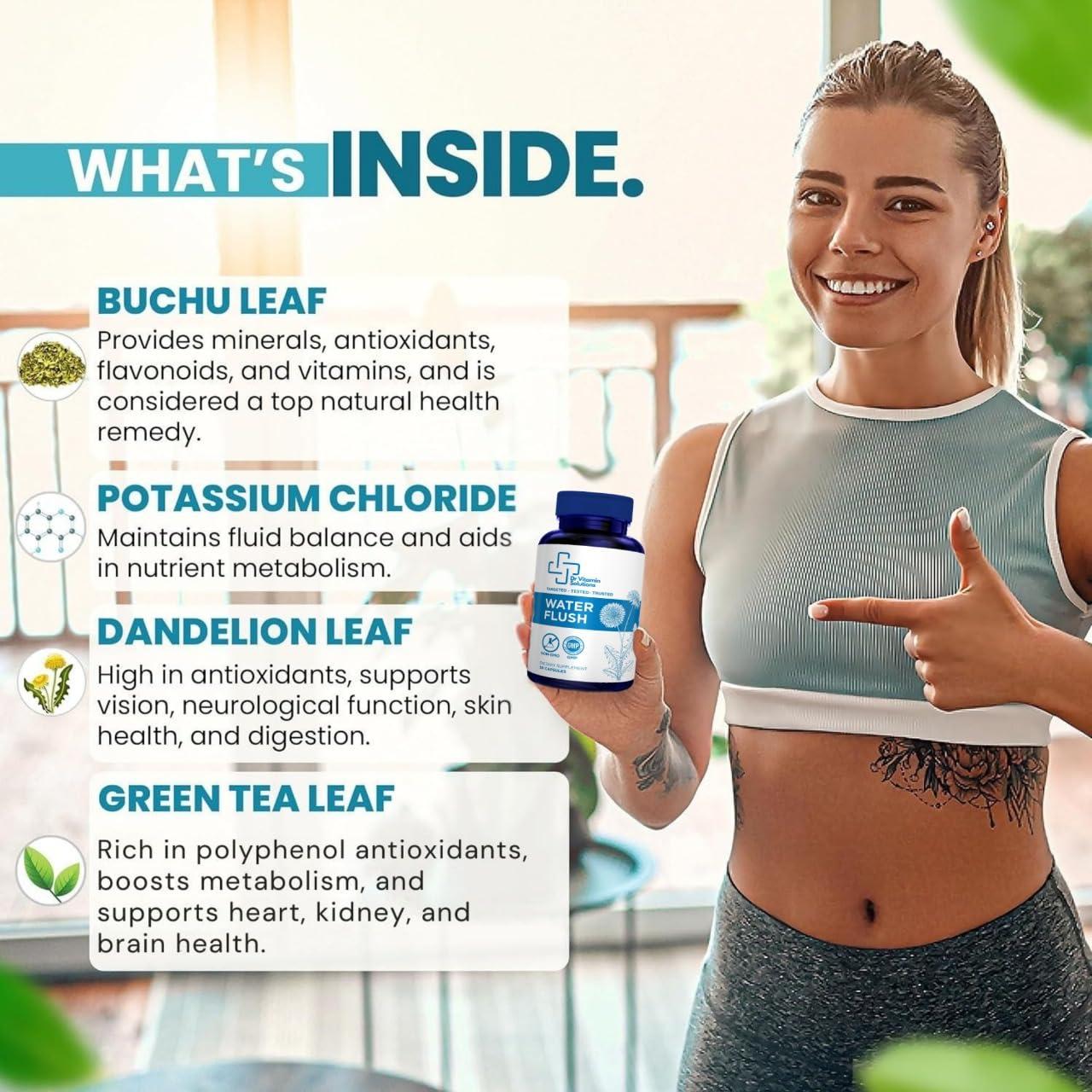 Water Flush label close-up emphasizing stimulant-free daily use.