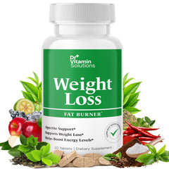 DR VITAMIN SOLUTIONS weight-loss bottle close-up supports energy and appetite control.