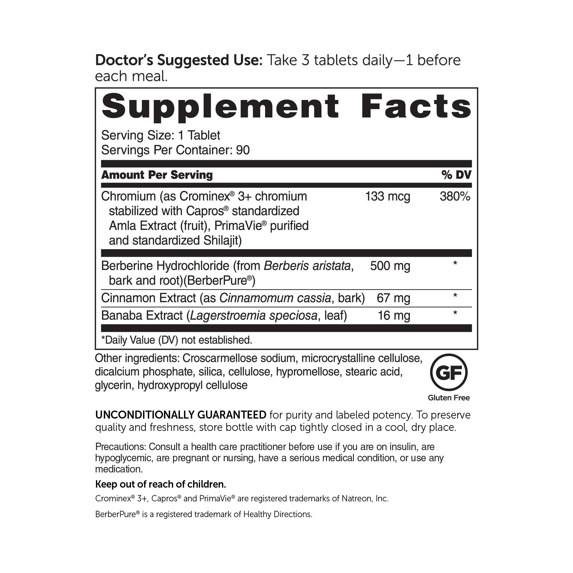 DR.WHITAKER Berberine GlucoGold label with ingredients and dosage.