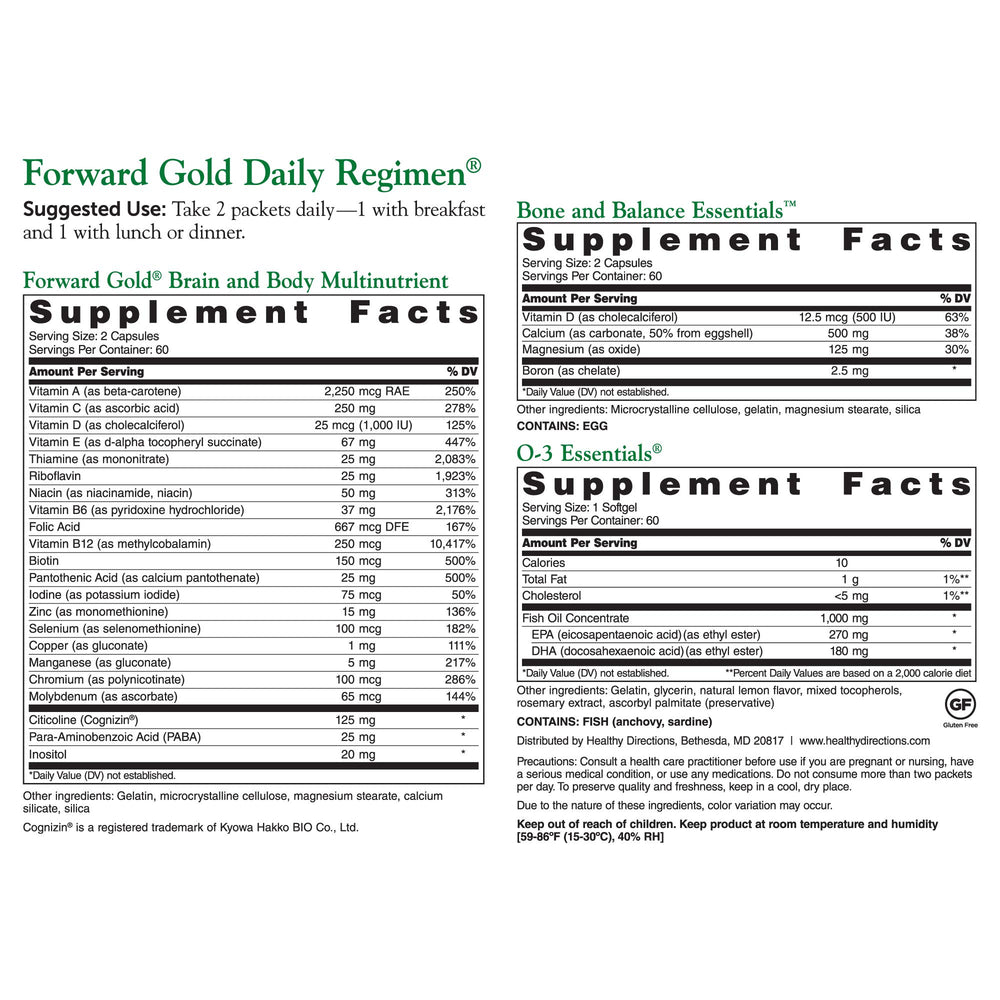 Close-up of DR.WHITAKER Forward Gold packets ready for a twice-daily routine.