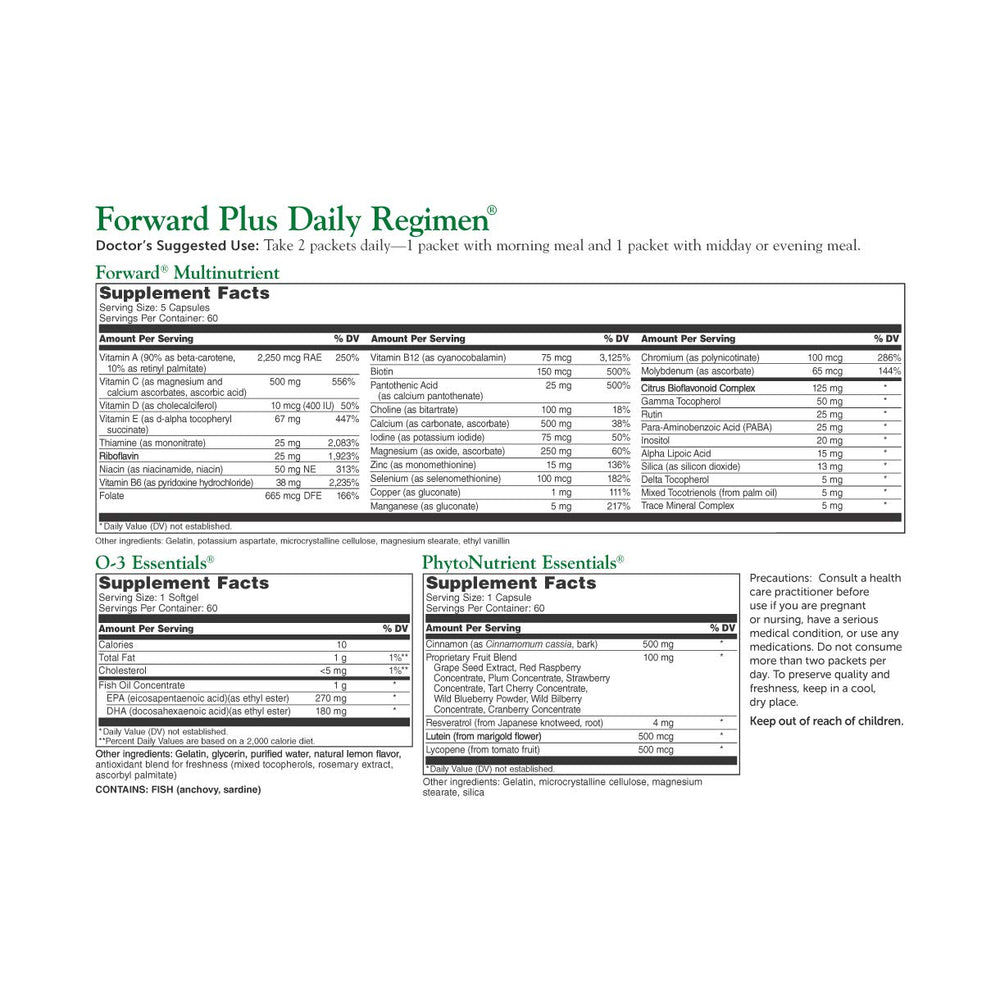 DR. WHITAKER Forward Plus packets display simple twice-daily dosing for sustained vitality.