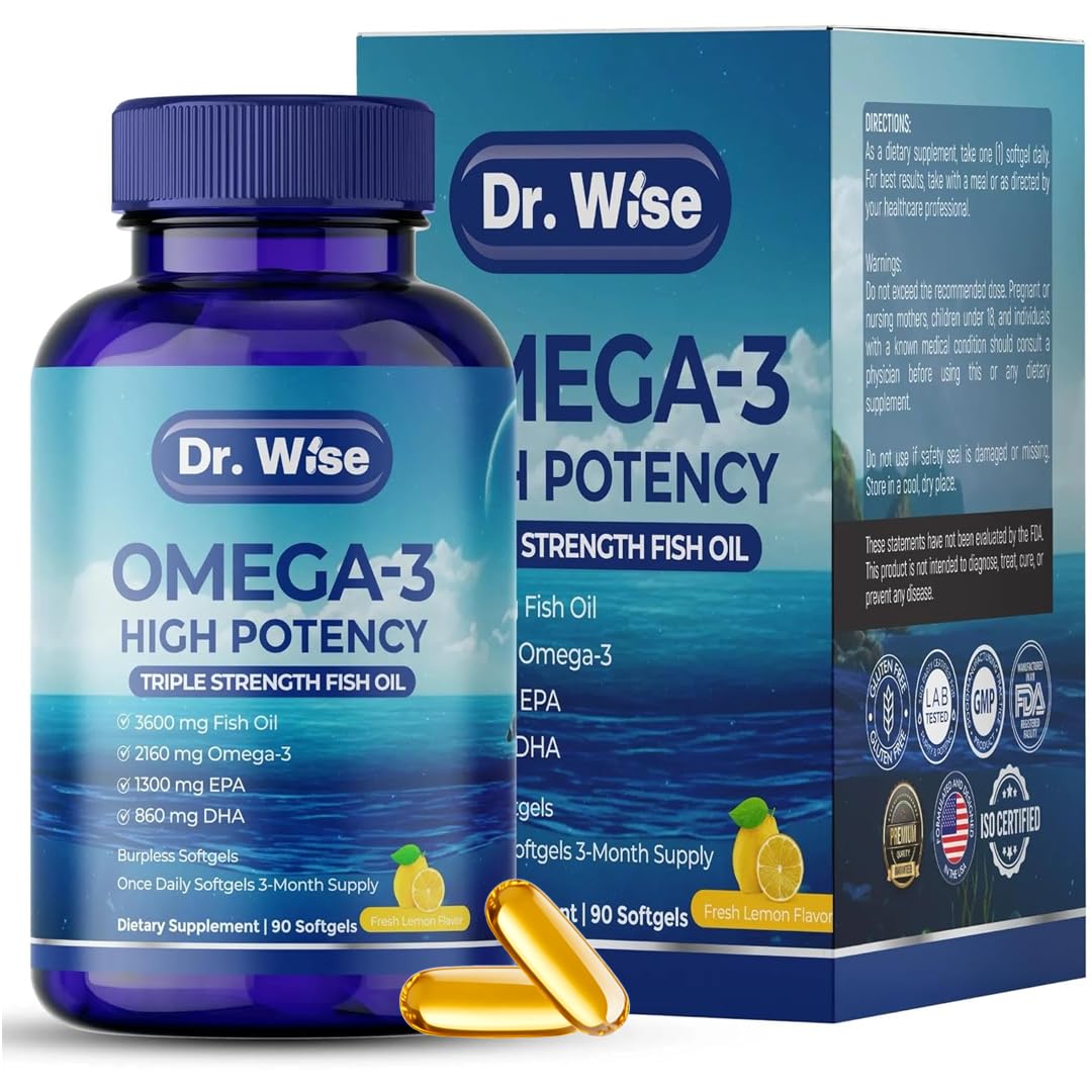 Dr. Wise triple-strength omega-3 bottle with lemon flavor supports heart, brain, and joint wellness.
