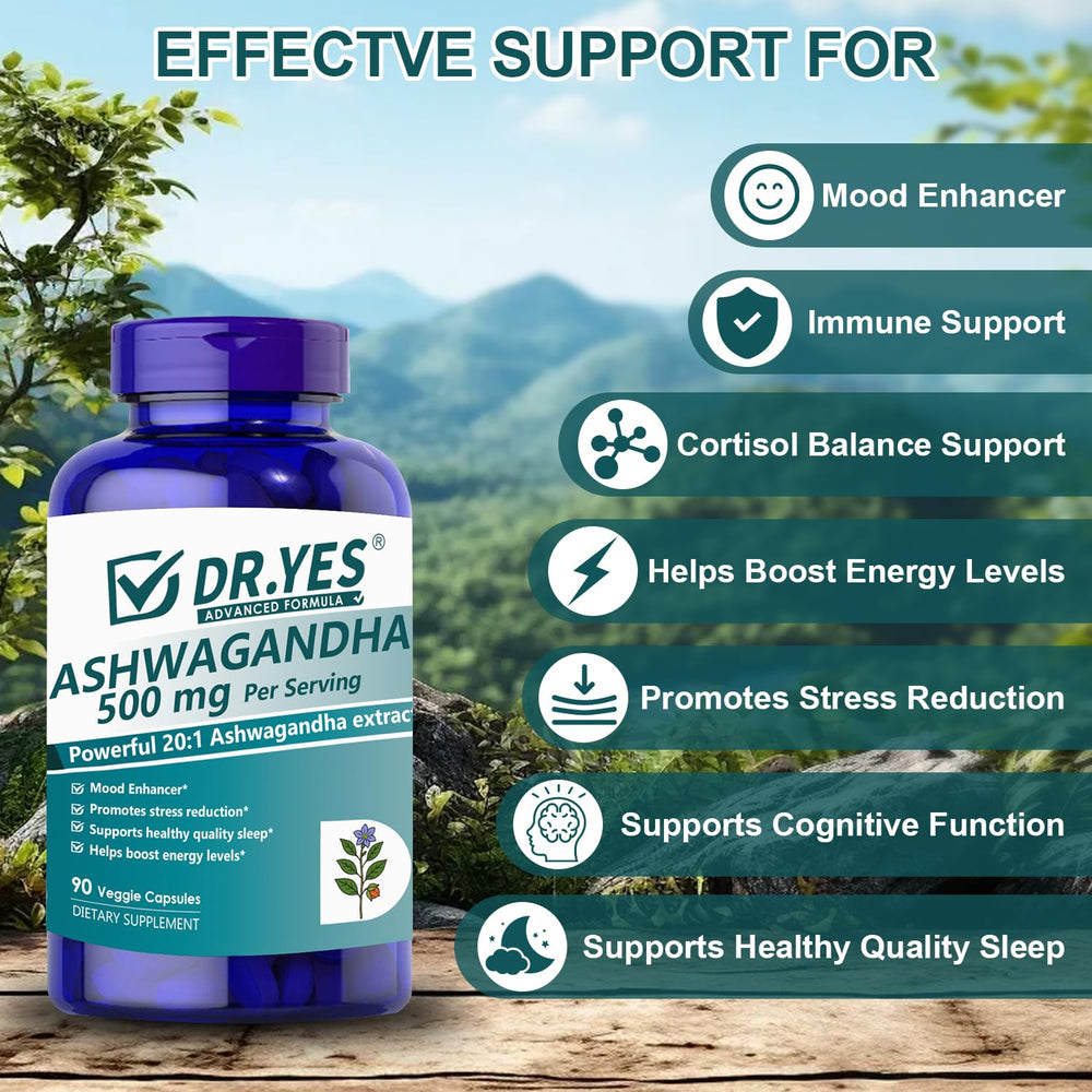 DR YES Ashwagandha capsules pour shows easy-to-take capsules.