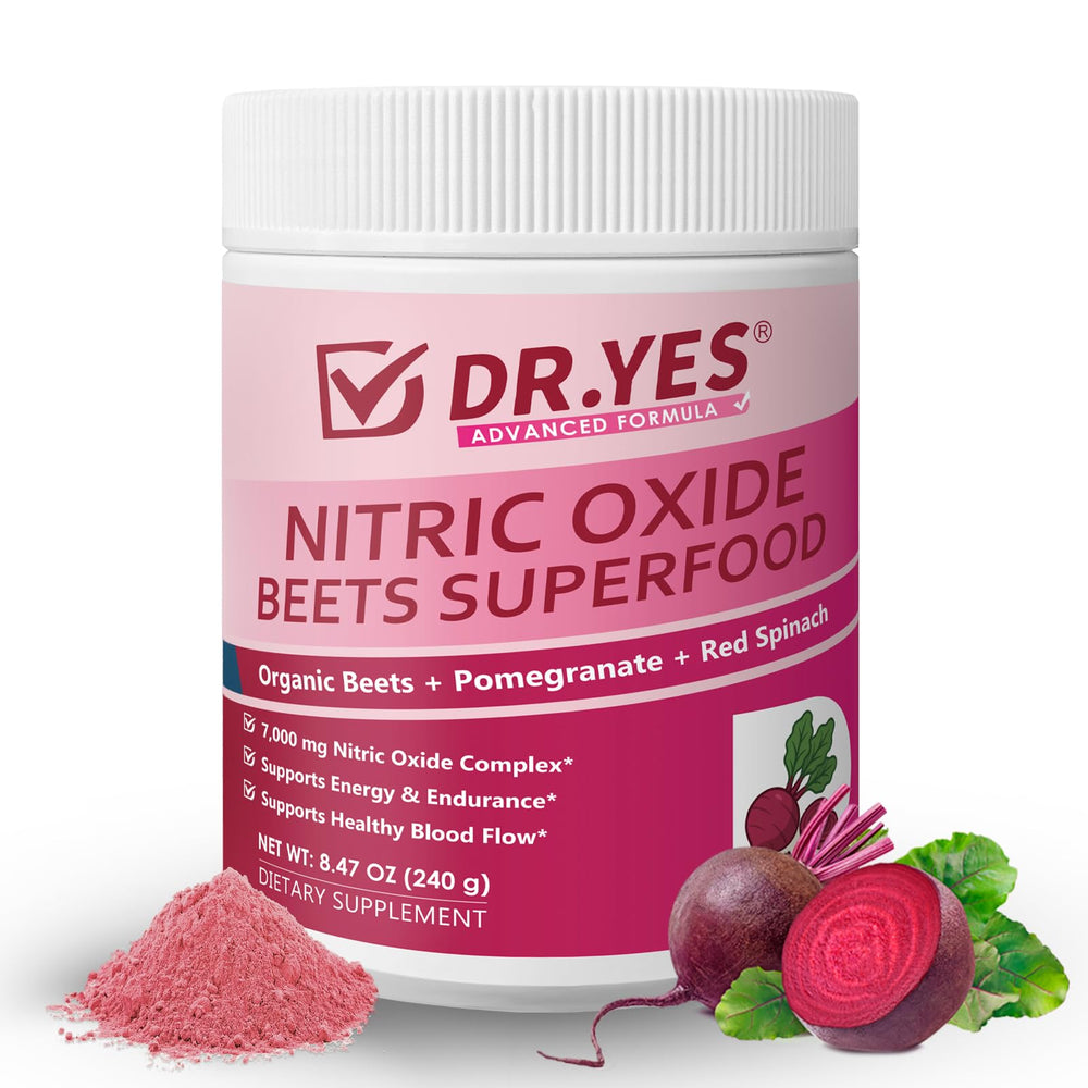 DR YES Organic Beet Root Nitric Oxide Powder bottle for energy support.