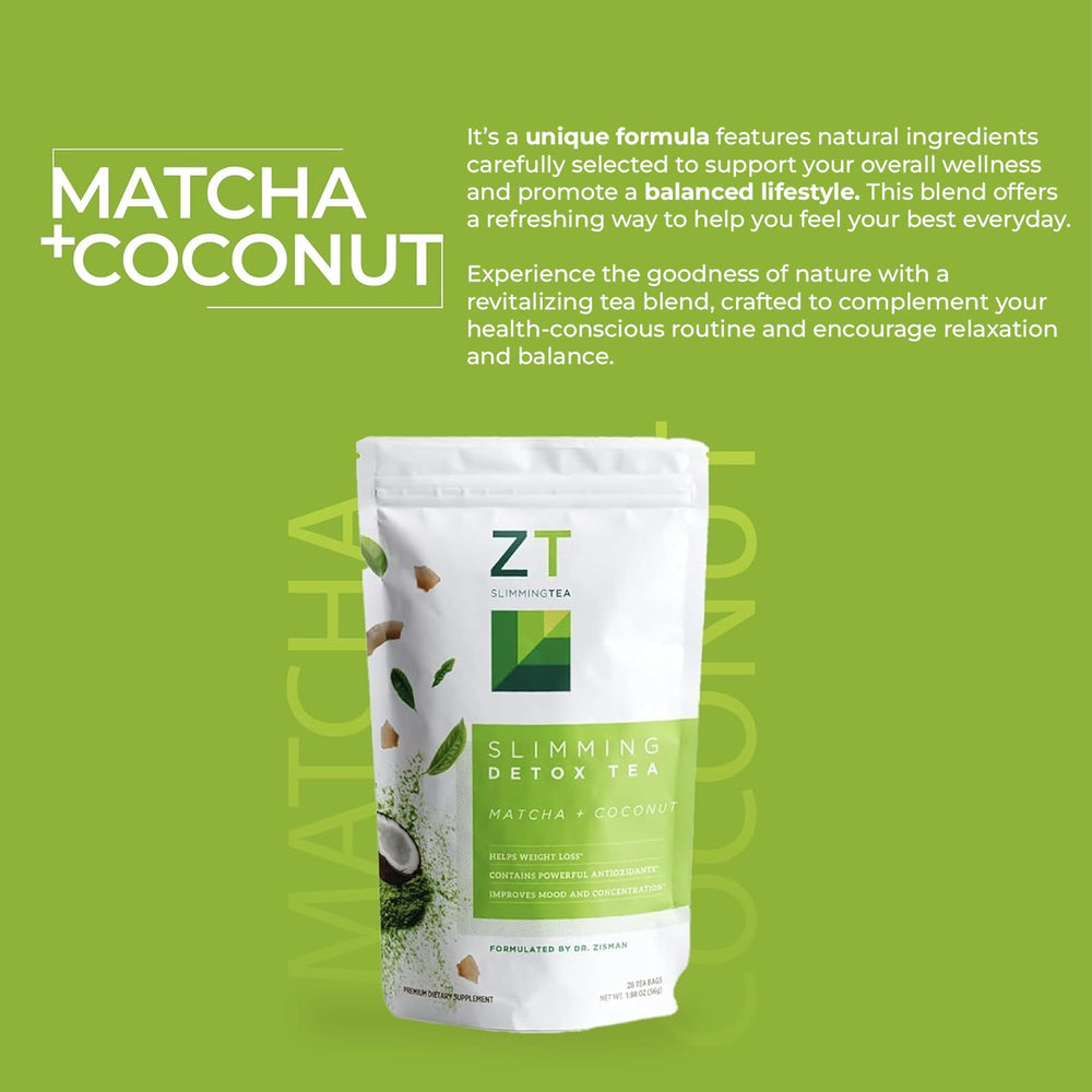 Dr. Zisman ZT Slimming Tea label emphasizing natural caffeine from matcha.