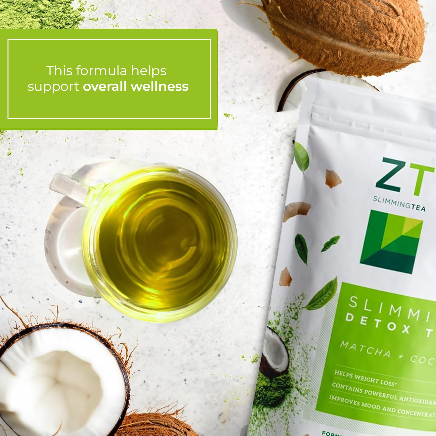 Product shot of Dr. Zisman ZT Slimming Matcha-Coconut Tea highlighting convenience.