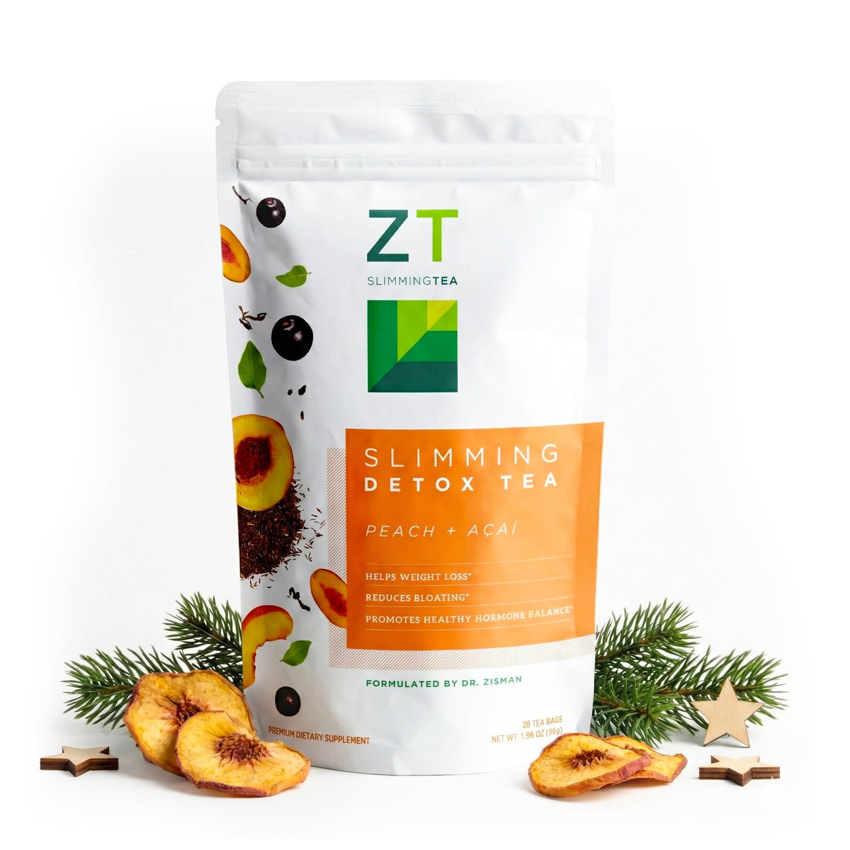 Dr. Zisman ZT Slimming tea bags with peach and acai for a refreshing daily ritual.