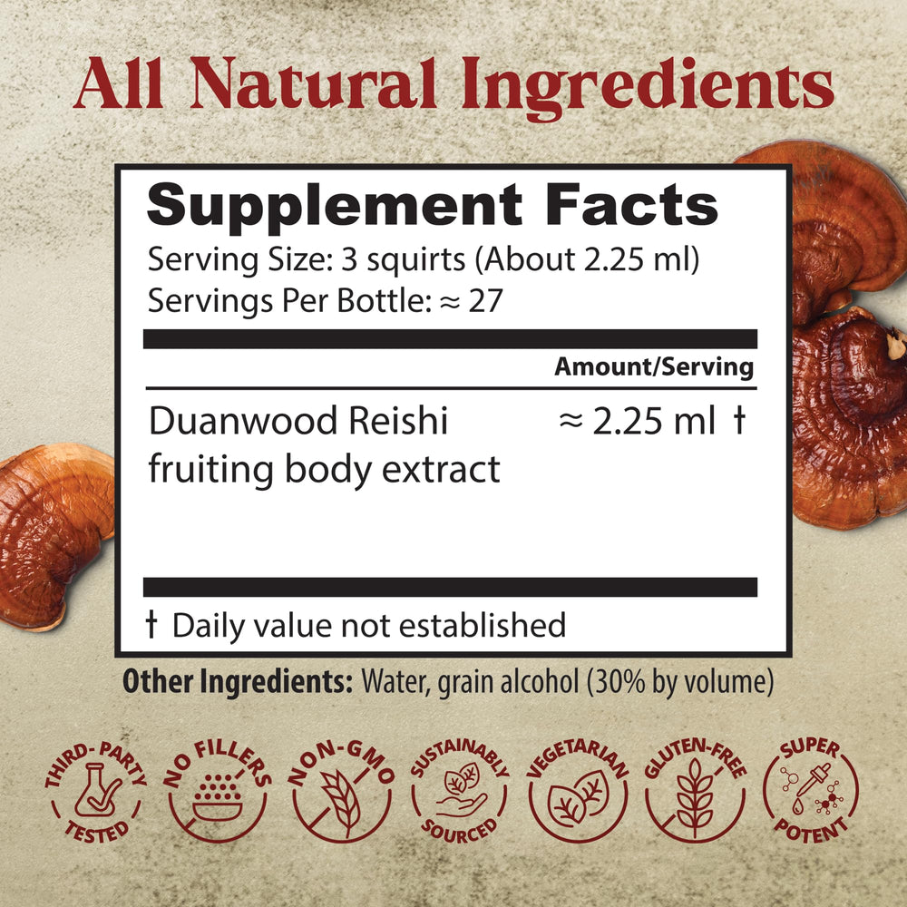Dragon Herbs Duanwood Reishi Drops close-up of the bottle label.