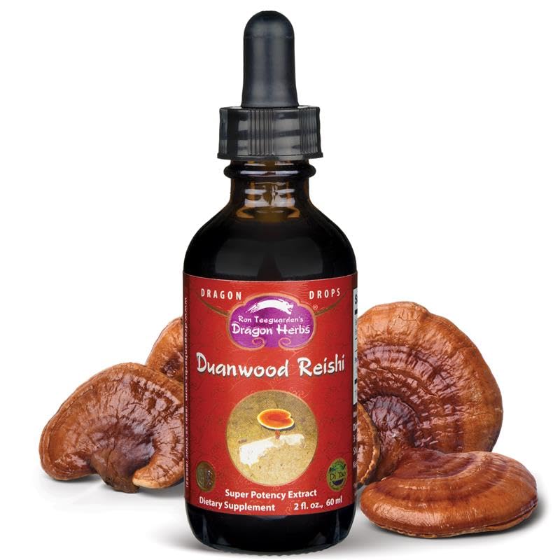 Dragon Herbs Duanwood Reishi Drops bottle on a wooden table for daily use.