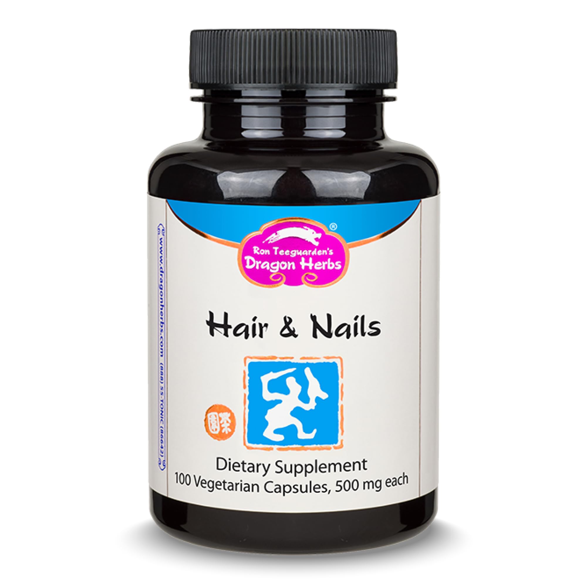 Dragon Herbs Hair and Nails bottle shows a natural, nourishing supplement for hair and nails.