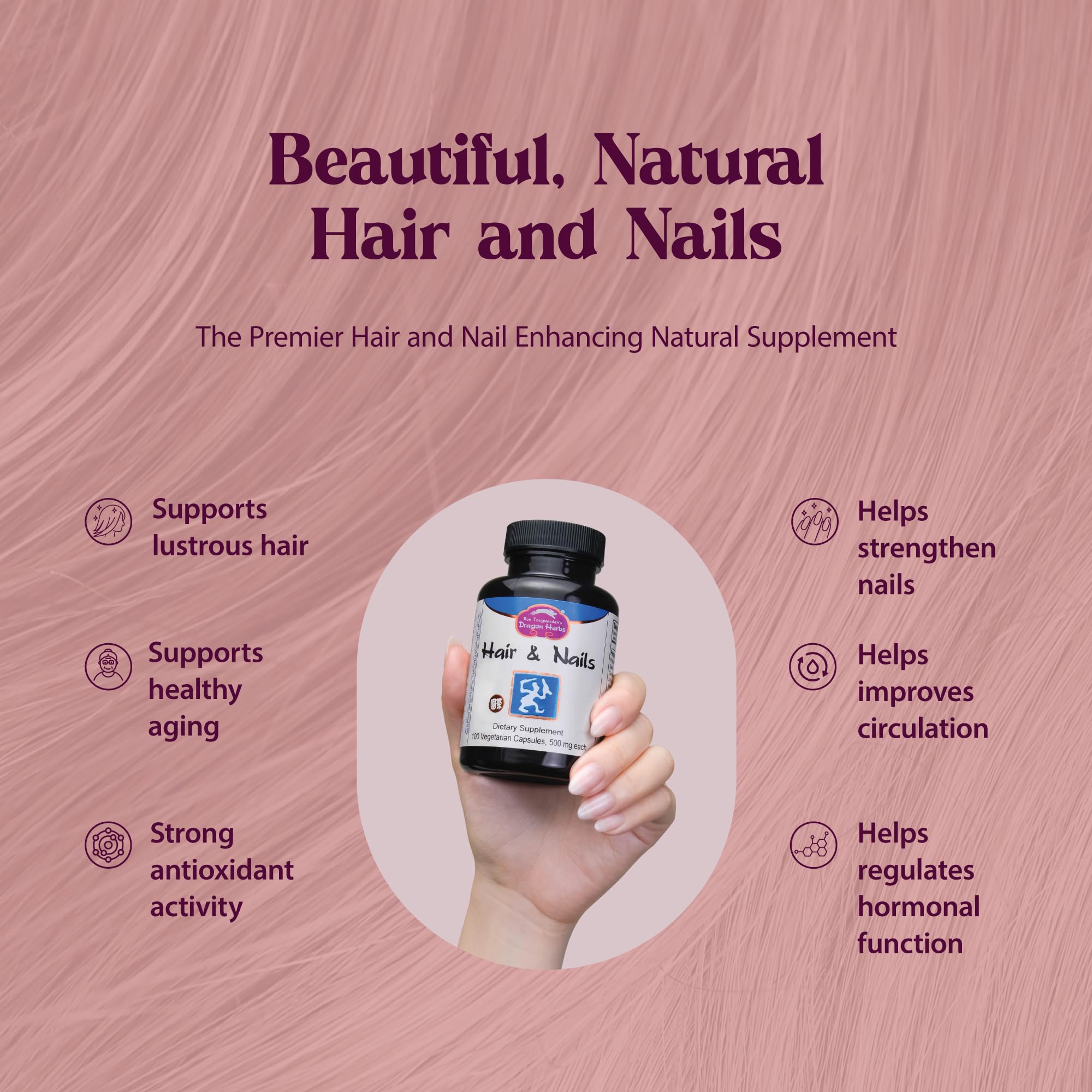 Dragon Herbs Hair and Nails capsules closeup highlights convenient daily support for beauty.