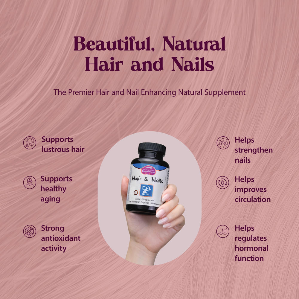 Dragon Herbs Hair and Nails capsules closeup highlights convenient daily support for beauty.