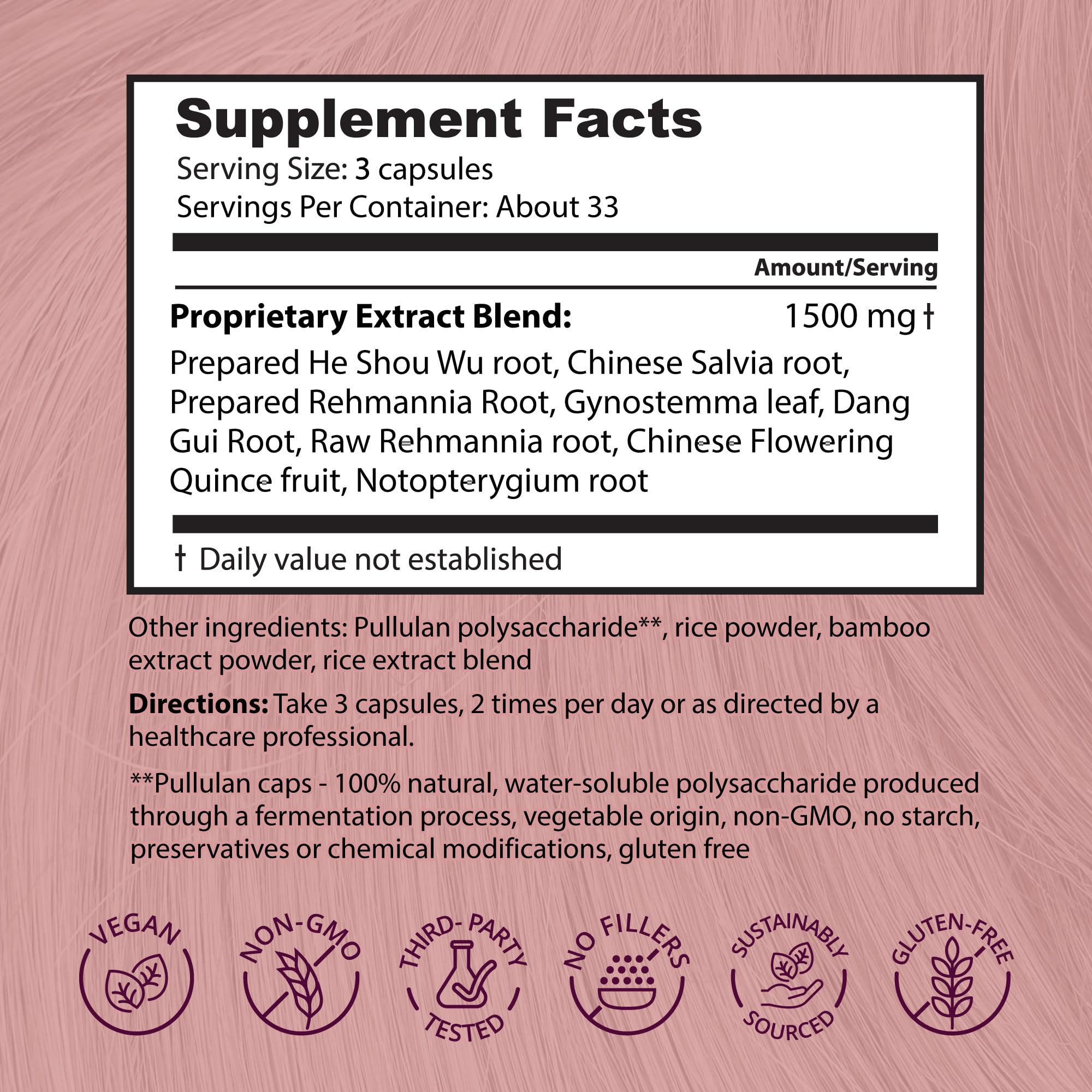 Dragon Herbs Hair and Nails label front emphasizes premium ingredients and non-GMO quality.