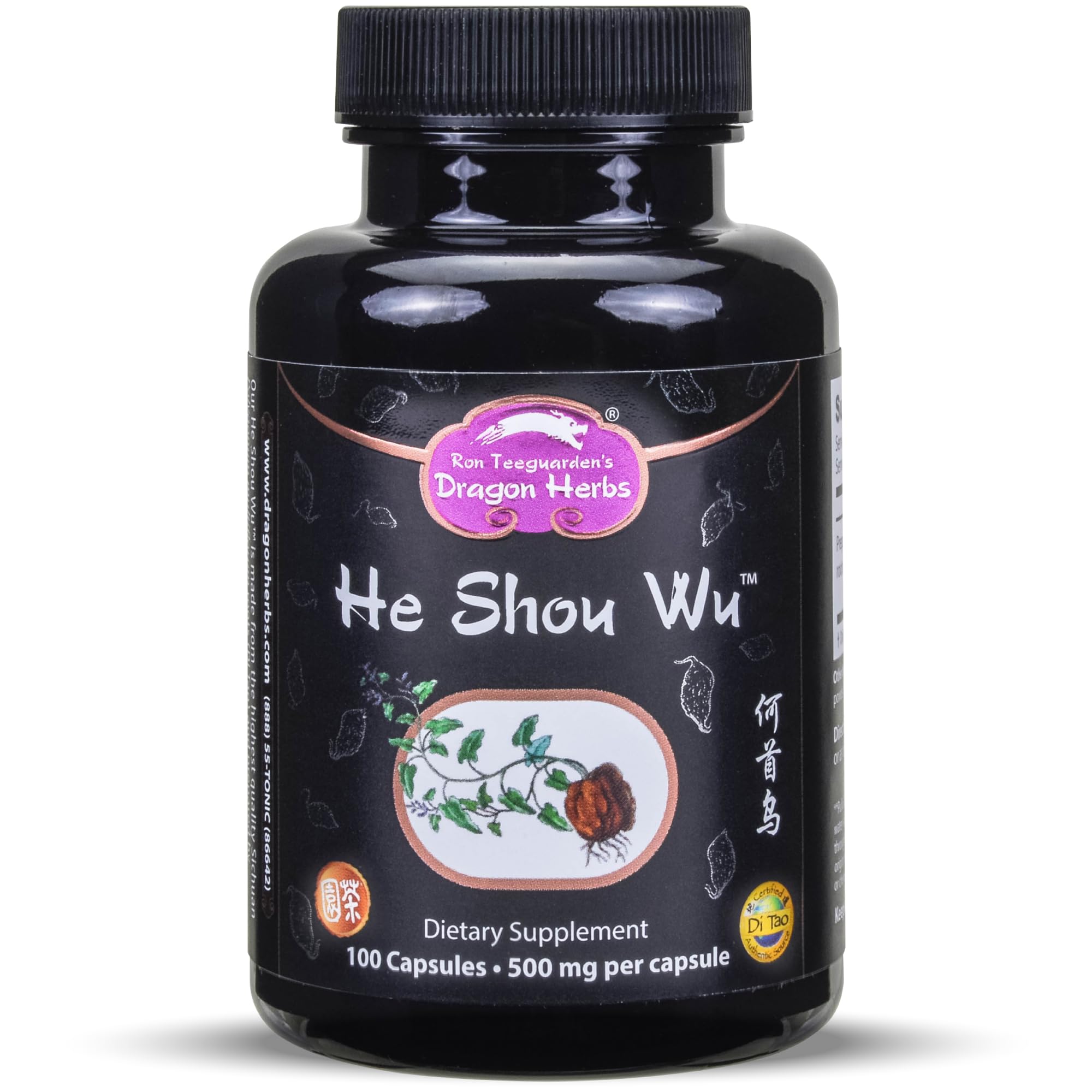 Dragon Herbs He Shou Wu bottle with capsules for daily energy support.