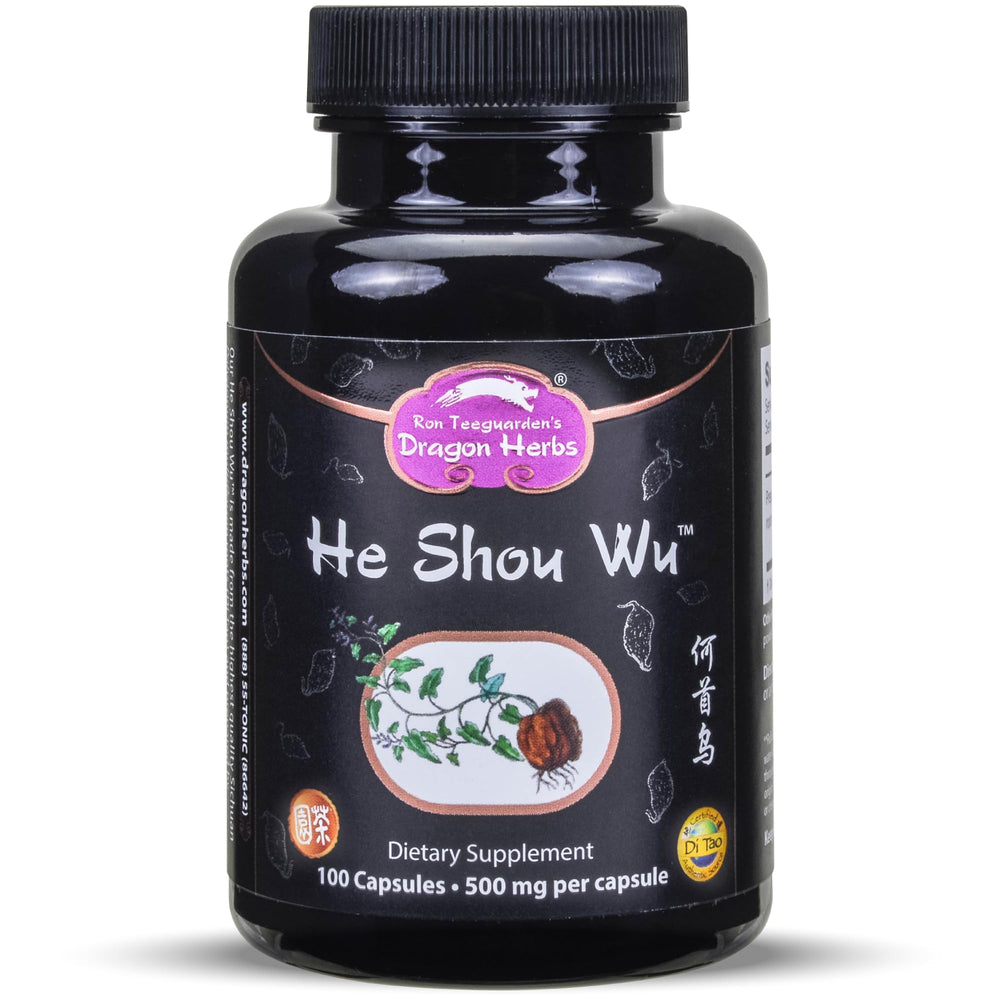 Dragon Herbs He Shou Wu bottle with capsules for daily energy support.